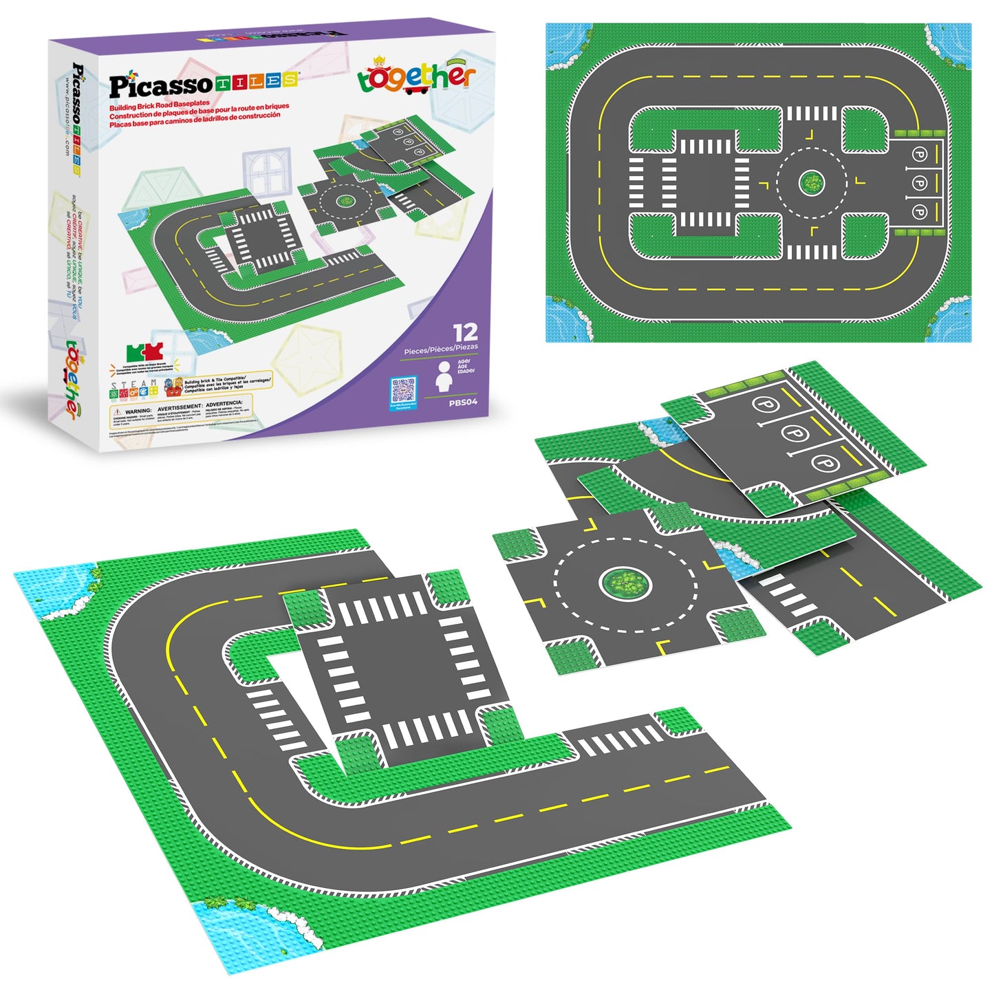 PicassoTiles Building Brick 10"x10" Large Road Baseplates City Street Traffic Parking Themed Roadway Foundation Plates Block STEM Construction Set