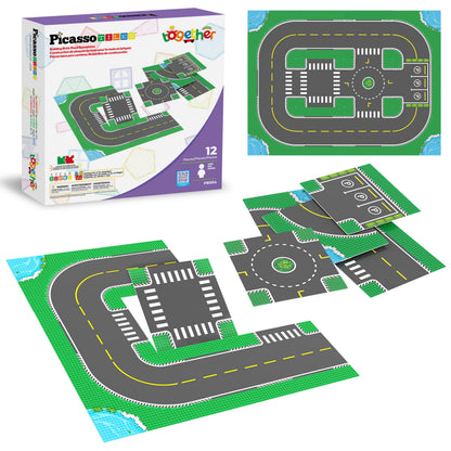 PicassoTiles Building Brick 10"x10" Large Road Baseplates City Street Traffic Parking Themed Roadway Foundation Plates Block STEM Construction Set