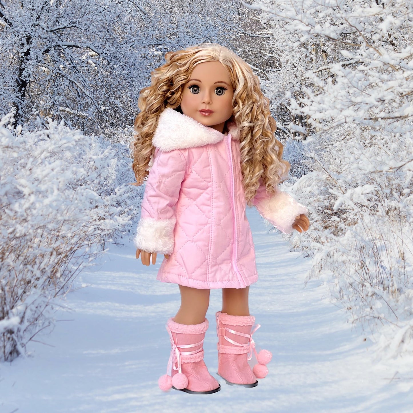 Cotton Candy - 3 Piece Doll Clothes Outfit for 18 inch Dolls - Parka with Hood, Dress, and Boots (Doll Not Included)