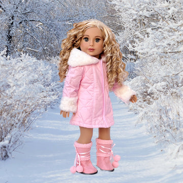 Cotton Candy - 3 Piece Doll Clothes Outfit for 18 inch Dolls - Parka with Hood, Dress, and Boots (Doll Not Included)