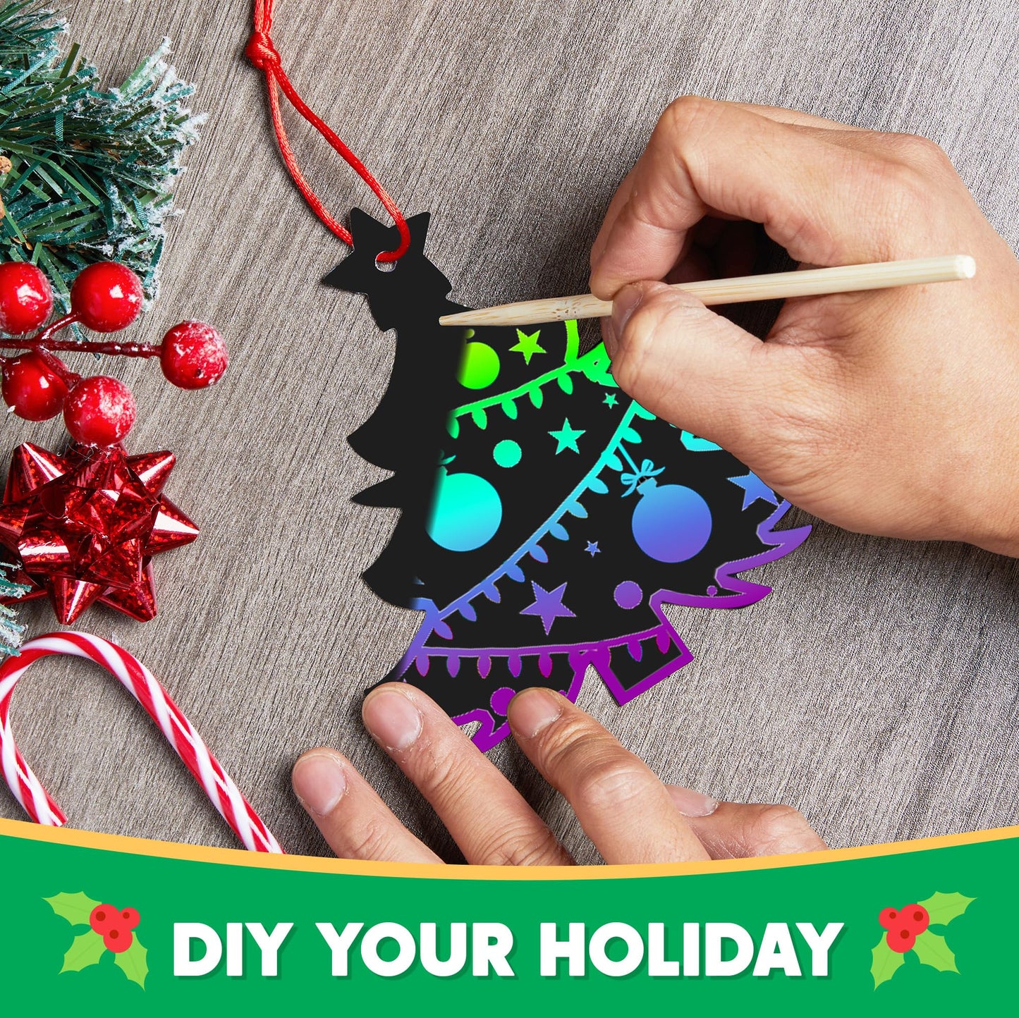 JOYIN 72 Pcs Christmas Scratch Art Ornaments, Rainbow Color Scratch Paper Craft Kit Include Snowman, Christmas Tree, and Reindeer, Scratch Off Hanging