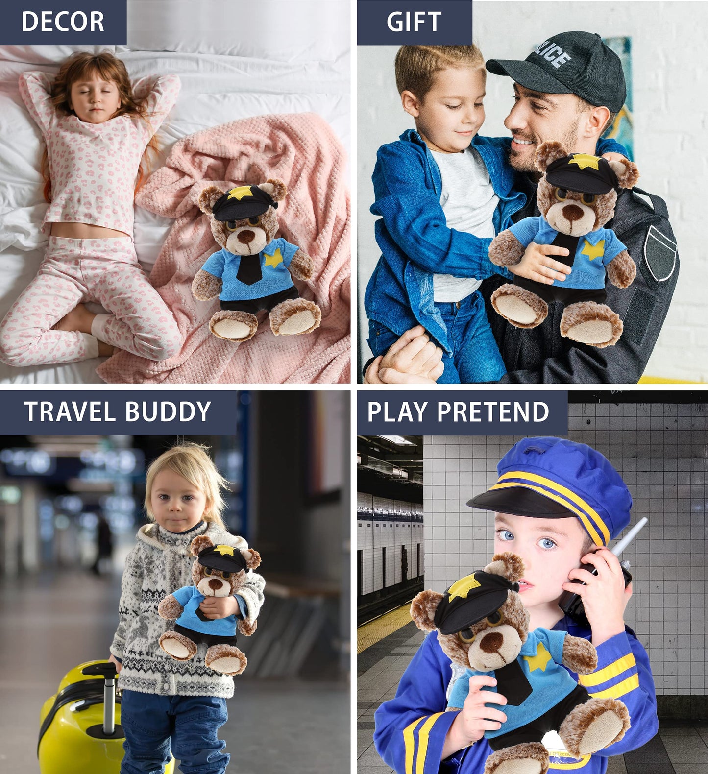 DolliBu Sitting Brown Teddy Bear Stuffed Animal - Soft Sitting Stuffed Bear Plush Toy Police Dress Up with Police Uniform and Cap Outfit, Toy