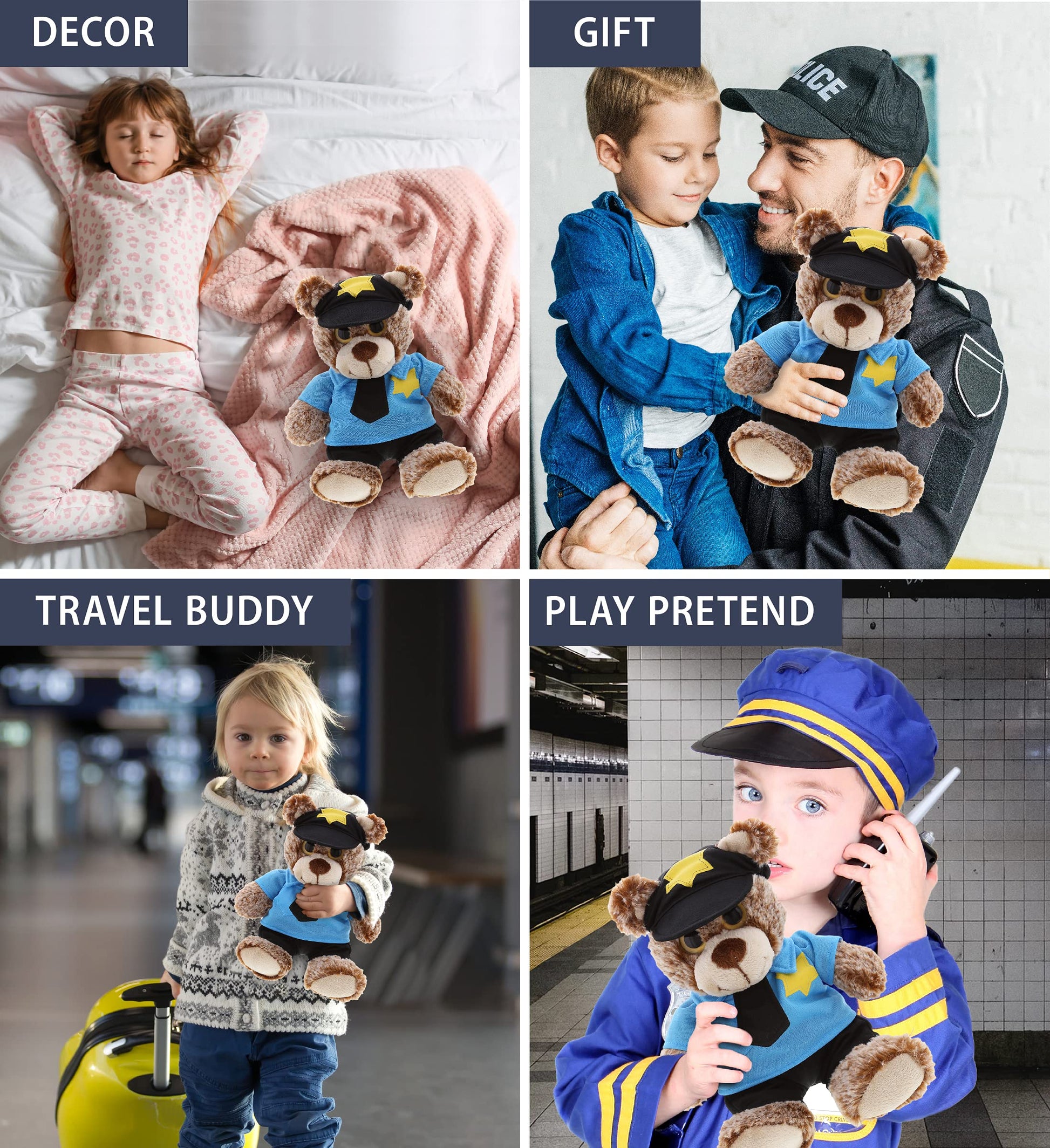 DolliBu Sitting Brown Teddy Bear Stuffed Animal - Soft Sitting Stuffed Bear Plush Toy with Police Uniform and Cap Outfit, Fluffy Teddy Bear Police Toy