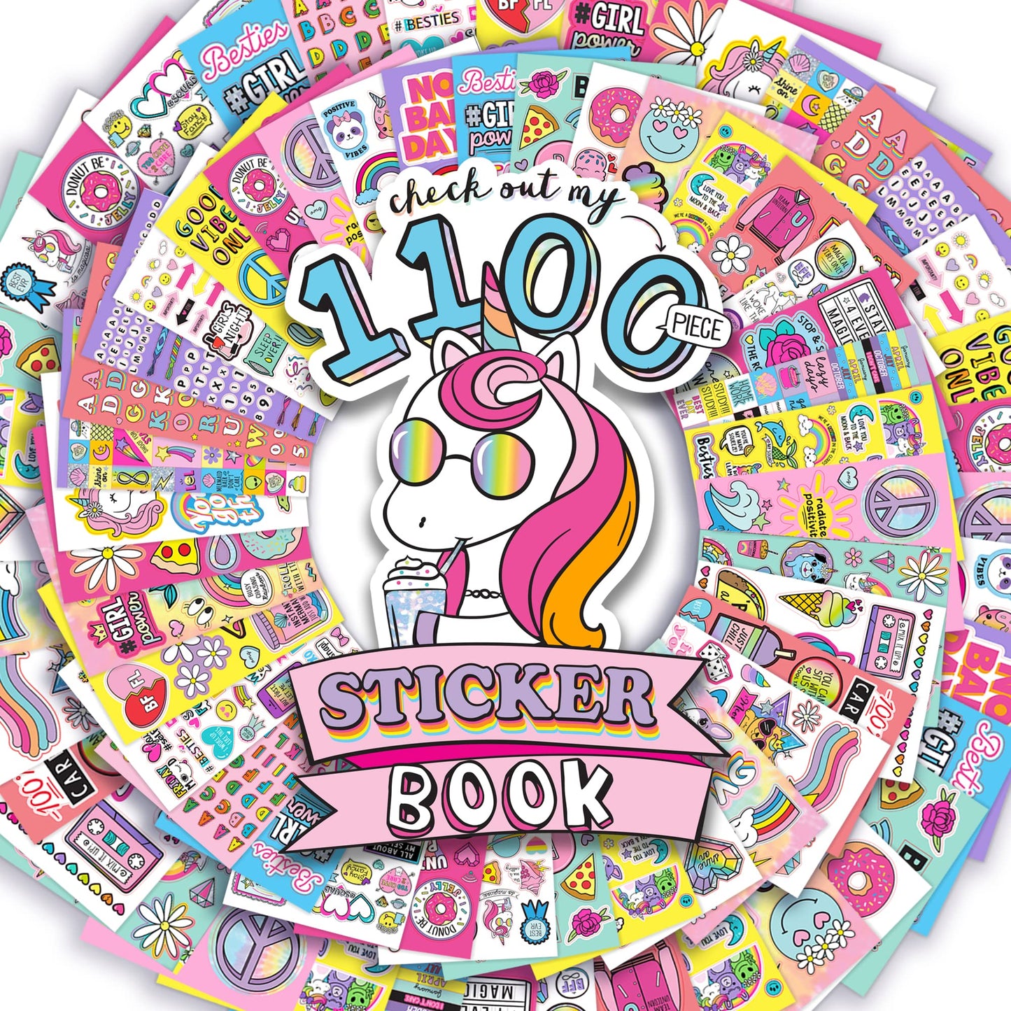 Just My Style 1100 Vinyl Sticker Book, Sparkly Spiral Bound Book With Positivity Quotes, Tie Dye Stickers, Sweet Treats & More, Great For Back