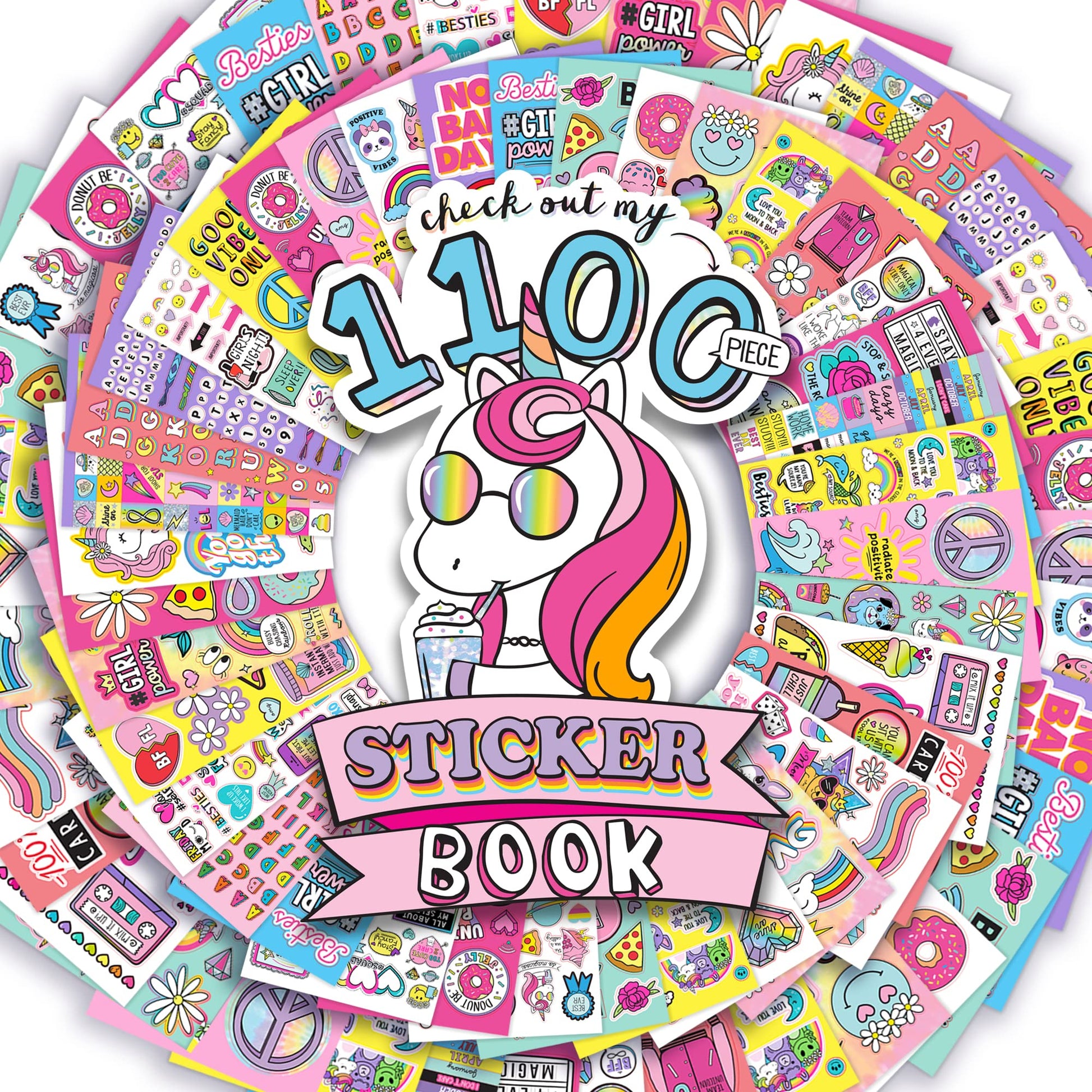 Just My Style 1100 Vinyl Sticker Book, Sparkly Spiral Bound Book With Positivity Quotes, Tie Dye Stickers, Sweet Treats & More, Great For Back