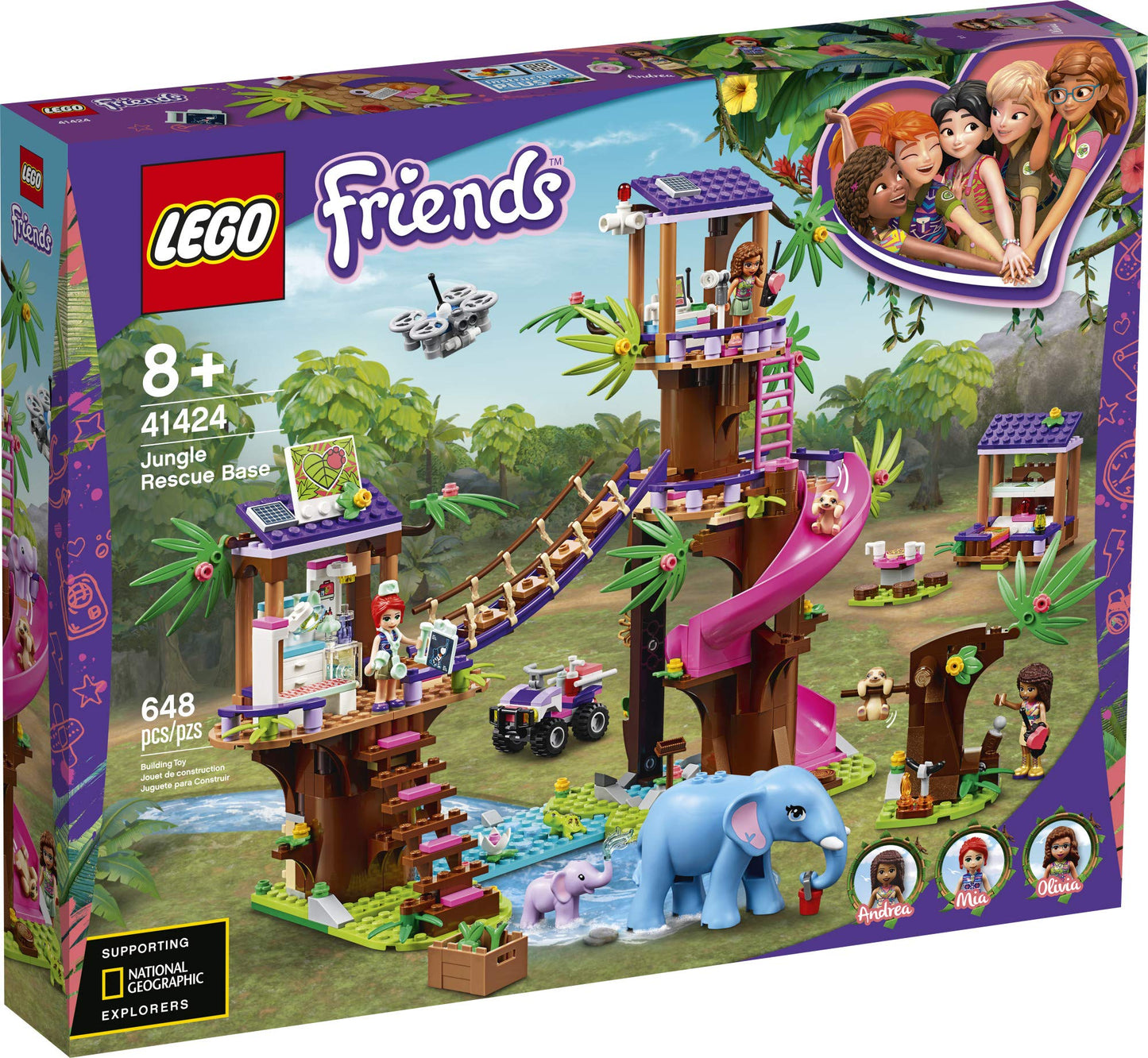 LEGO Friends Jungle Rescue Base 41424 Building Toy for Kids, Animal Rescue Kit That Includes a Jungle Tree House and 2 Elephant Figures for Adventure