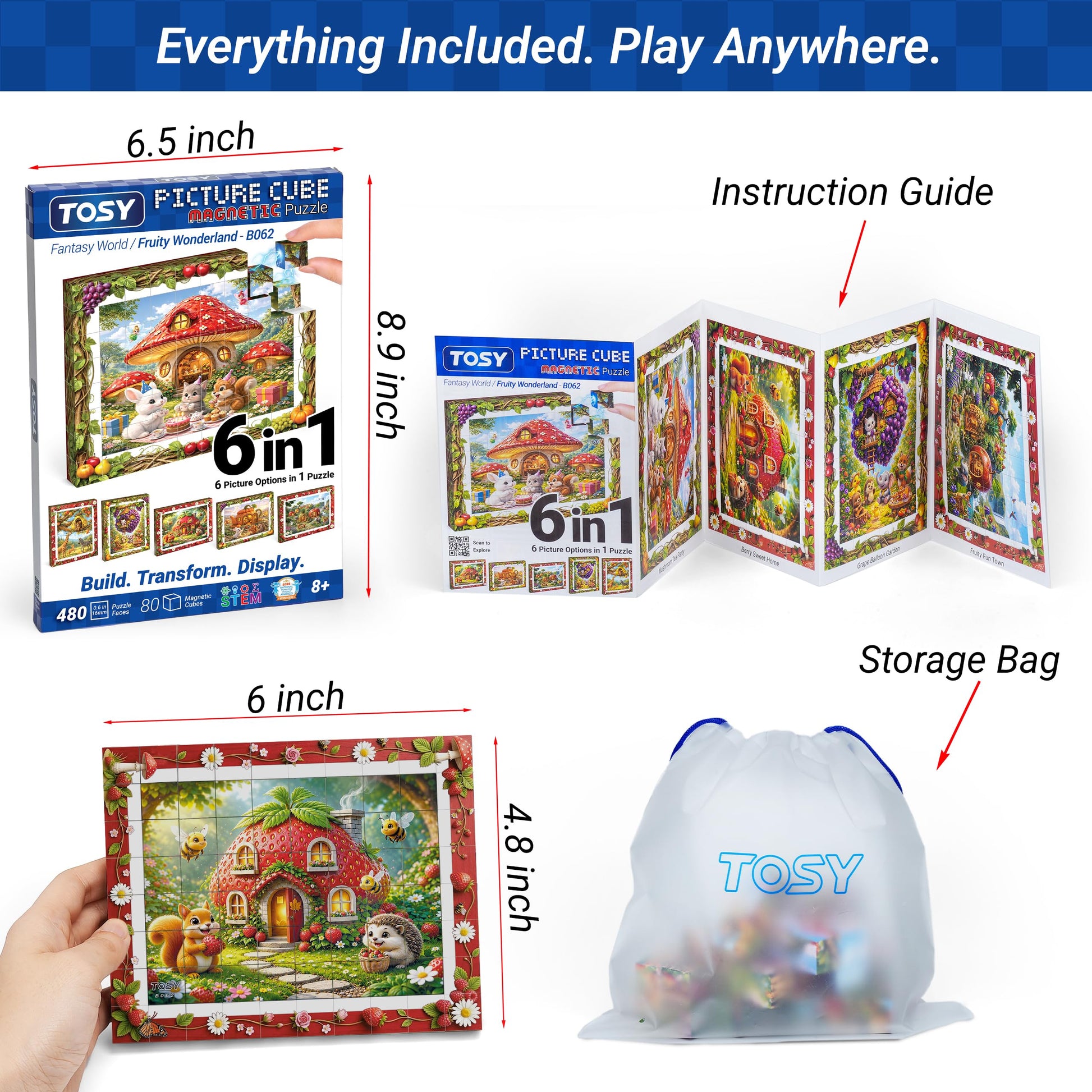 TOSY Picture Cube Fruity Wonderland: 6-in-1 Magnetic Picture Puzzle, 80 Blocks, 480 Puzzle Faces, 0.6in, B062, Seamless UV Art, Display-Ready Frame