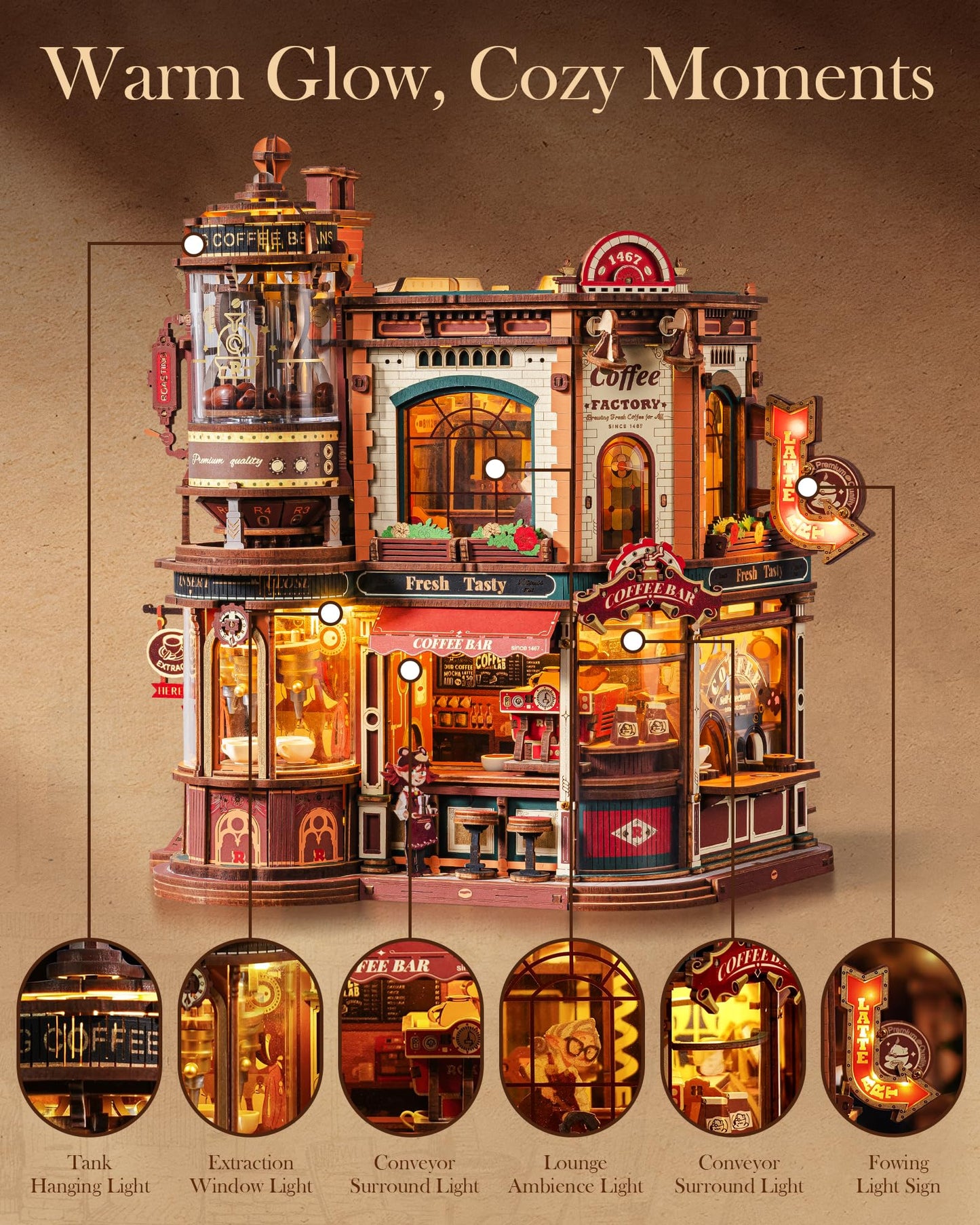 ROBOTIME Moving Coffee Factory 3D Wooden Puzzle for Adults - Mechanical Building Kit with Music Box & Warm LED Lights, 593PCS No-Glue Book Nook Kit