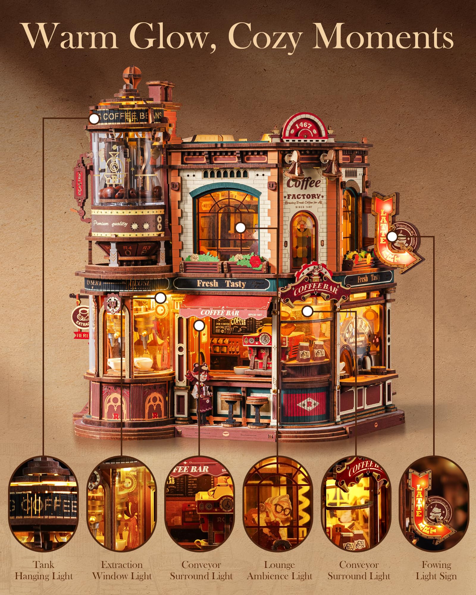 ROBOTIME Moving Coffee Factory 3D Wooden Puzzle for Adults - Mechanical Building Kit with Music Box & Warm LED Lights, 593PCS No-Glue Book Nook Kit