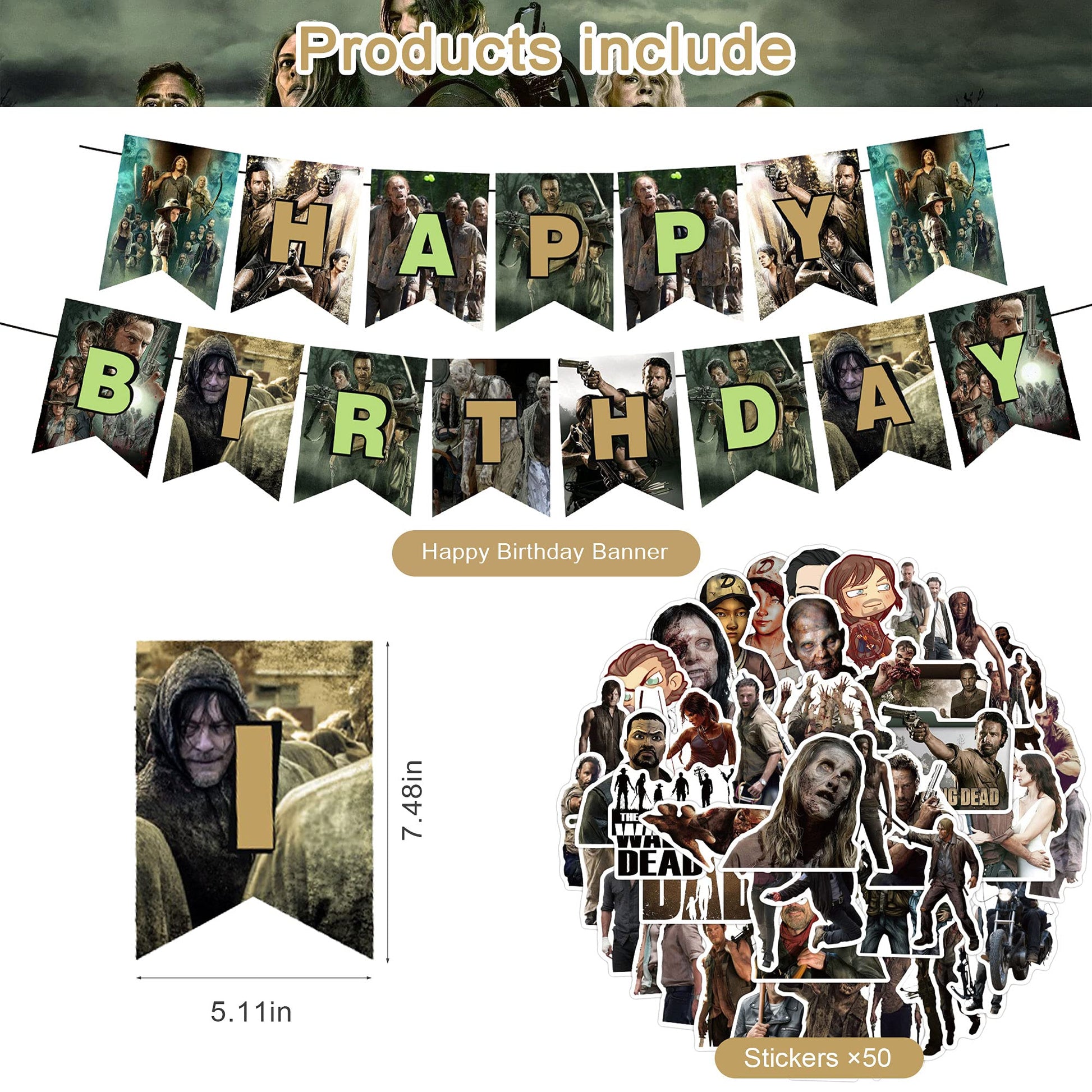 The Walking Dead Party Supplies - Birthday Decorations for TV Show Theme With Happy Birthday Banner, Cake Topper, Balloons, and Stickers