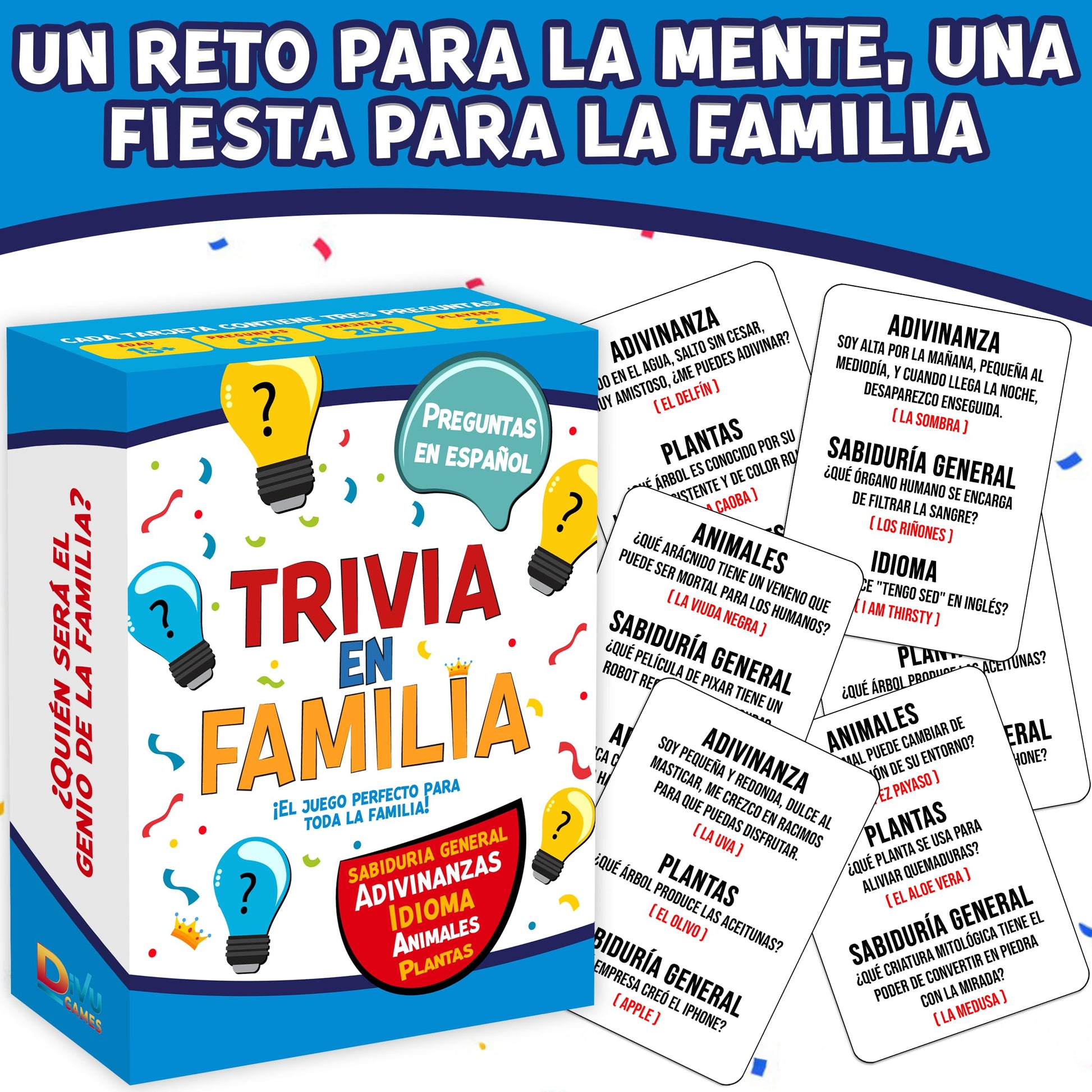 DiVU Games Trivia en Familia - Board Game en Español for Family, Friends, Adults & Teens | Juego de Cartas | Fun and Educational Trivia for Party