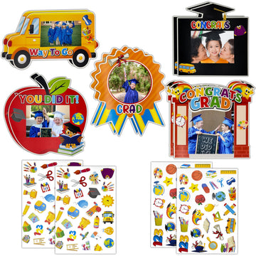 10 Pcs Kindergarten Graduation Picture Frame Crafts Kits Congrats Grad Photo Frame with Apple Bus Stickers DIY Photo Props for 2025 Graduation Party