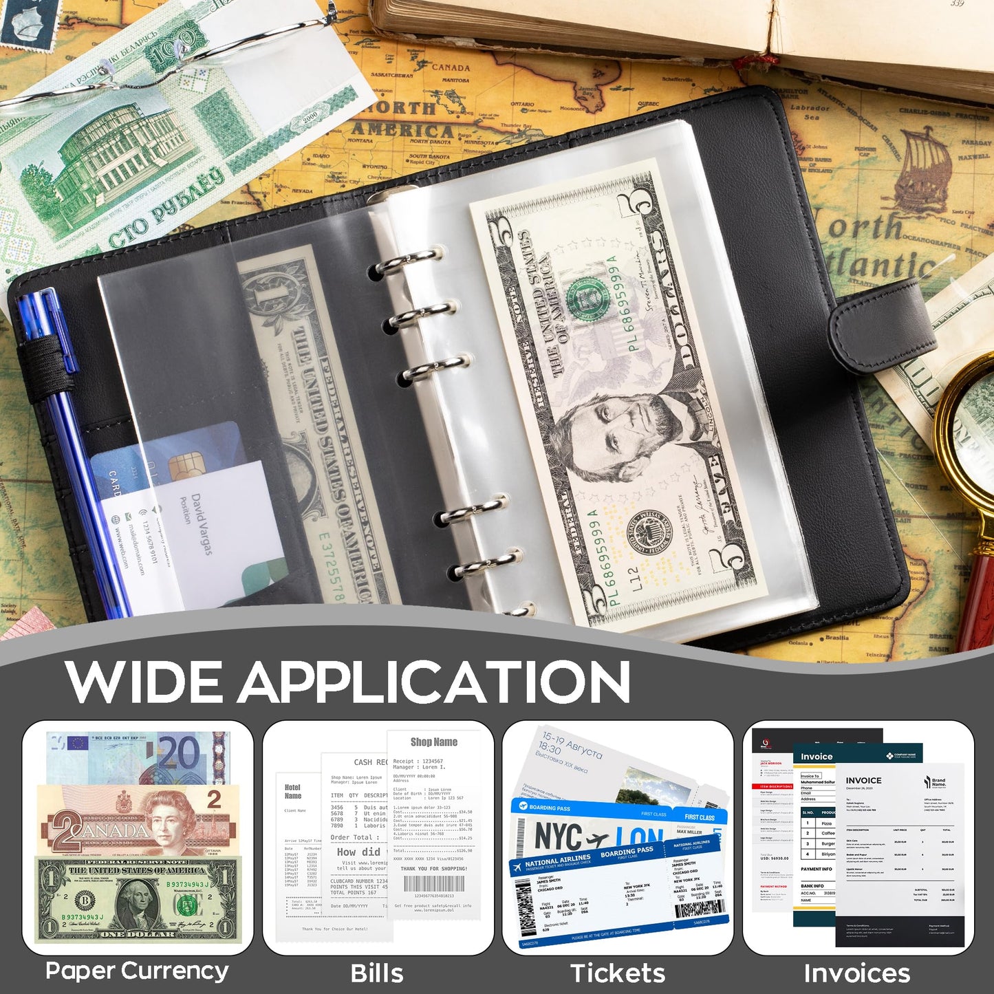 100 Pocket Currency Album - 7 × 4 inch Portable Banknotes Holder with Artificial Leather Cover Money Sleeves Storage Book for Bills Documents Tickets