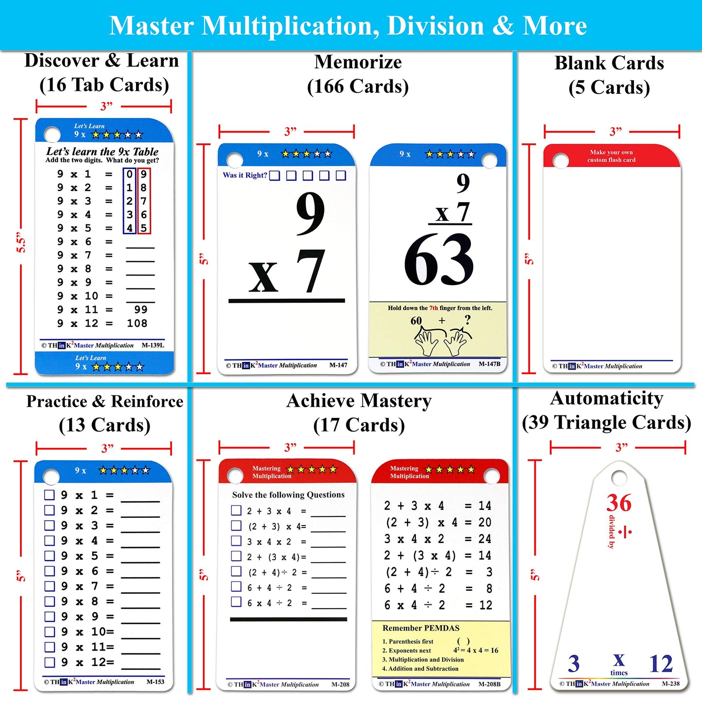 Think2Master Premium 260 Laminated Multiplication & Triangle Division Flash Cards. (All 0-12 X Facts)| Bonus: 2 Dry Erase Markers & 5 Rings. |