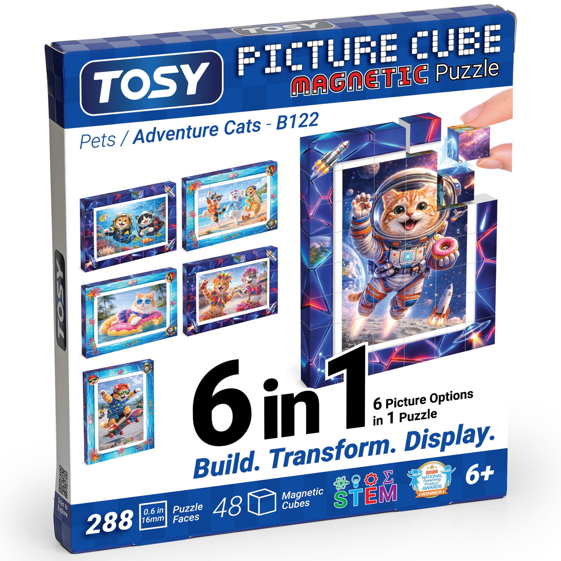 TOSY Picture Cube Adventure Cats: 6-in-1 Magnetic Picture Puzzle, 48 Blocks, 288 Puzzle Faces, 0.6 in, B122, Seamless UV Art, Display-Ready Frame