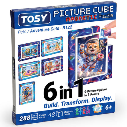 TOSY Picture Cube Adventure Cats: 6-in-1 Magnetic Picture Puzzle, 48 Blocks, 288 Puzzle Faces, 0.6 in, B122, Seamless UV Art, Display-Ready Frame