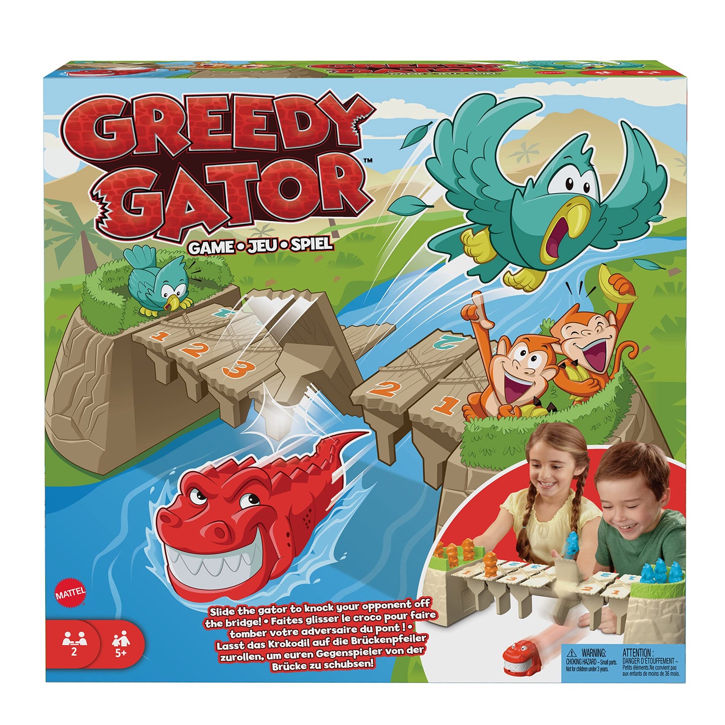 Mattel Games Greedy Gator 2-Player Kids Game for Families & Parties, Get Monkeys Across The Bridge First with Rolling Alligator