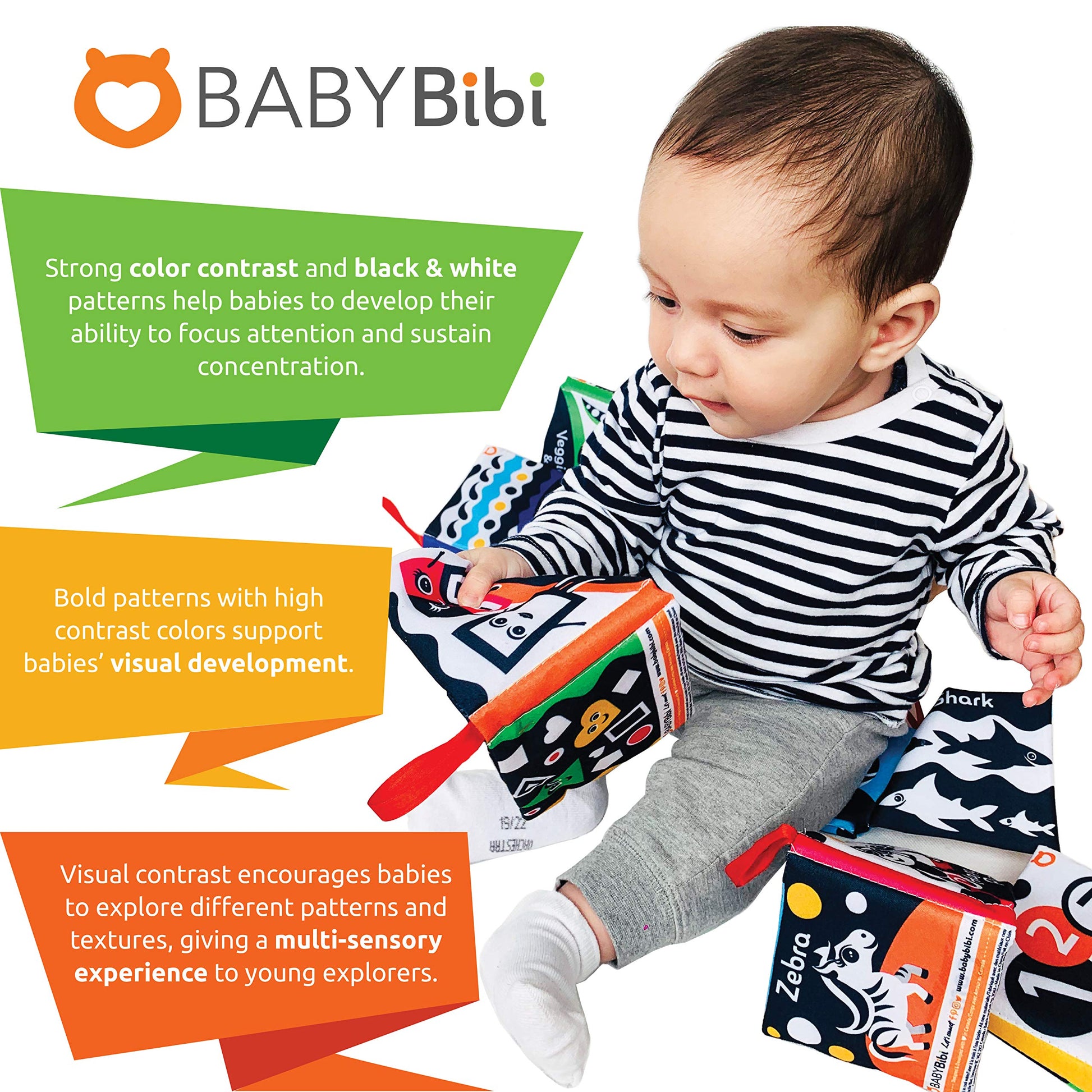 Cloth Books (Set of 6). High Contrast Soft Books. Black and White Images Encourage Infant Development - Suitable for Babies and Toddlers from 3 Months