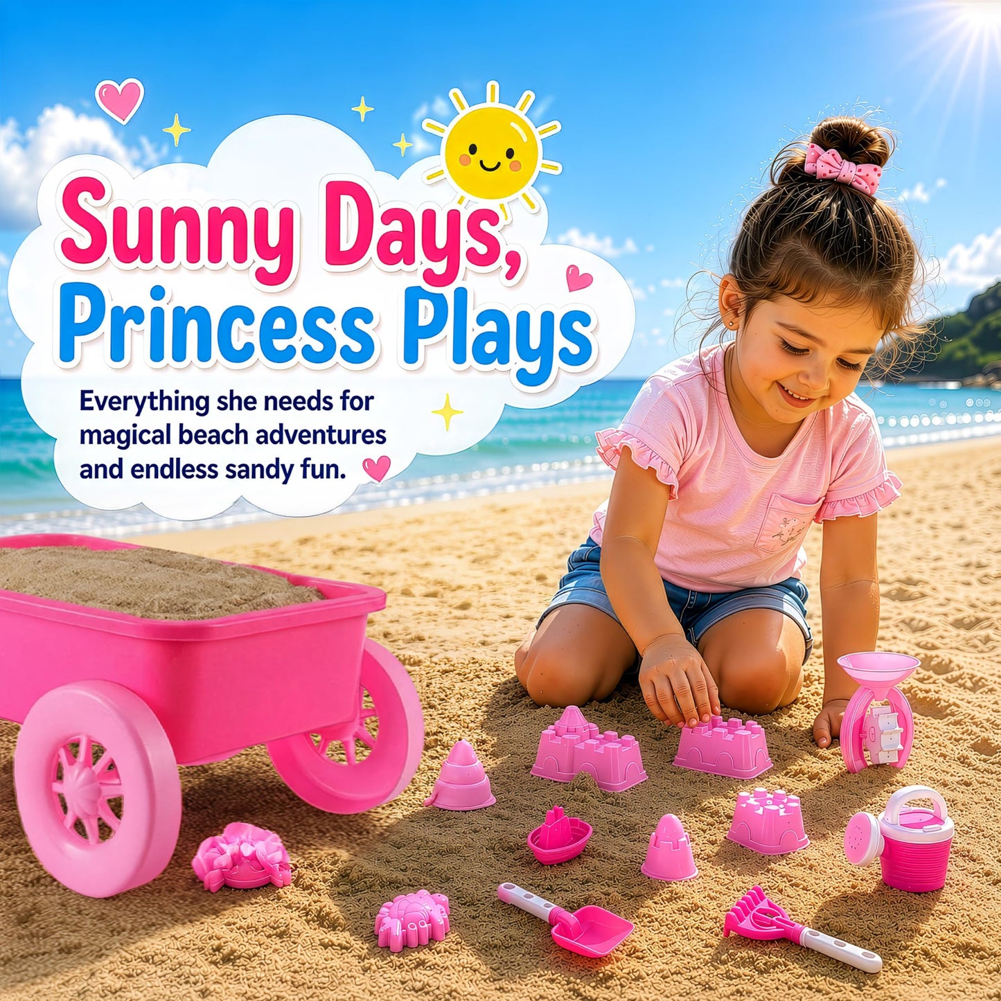 Liberty Imports 14 PCS Pink Princess Beach Wagon Plastic Toy Playset for Kids with Castle Molds, Sand Wheel, Water Pail, Play Tools and Featured Molds