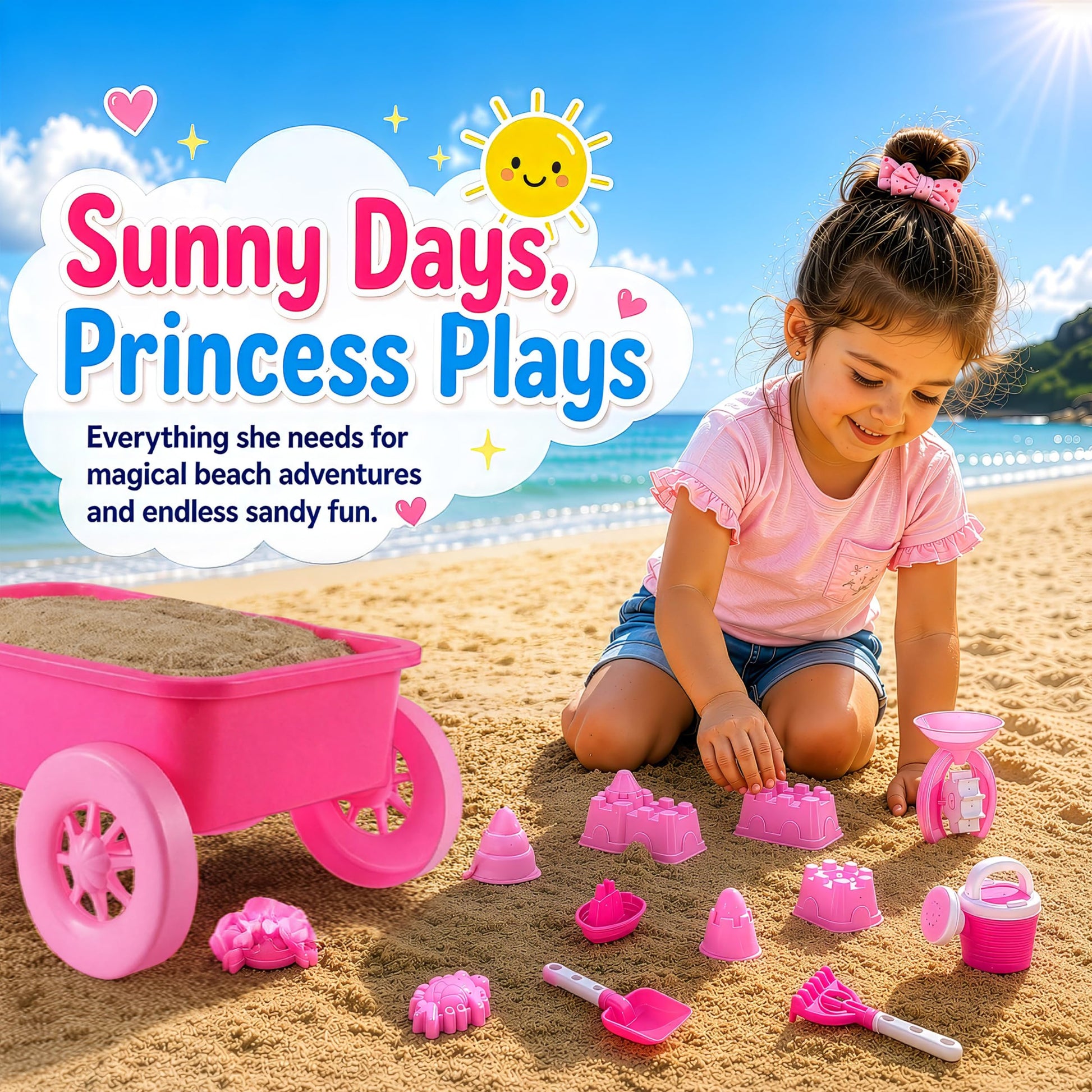 Liberty Imports 14 PCS Pink Princess Beach Wagon Plastic Toy Playset for Kids with Castle Molds, Sand Wheel, Water Pail, Play Tools and Featured Molds