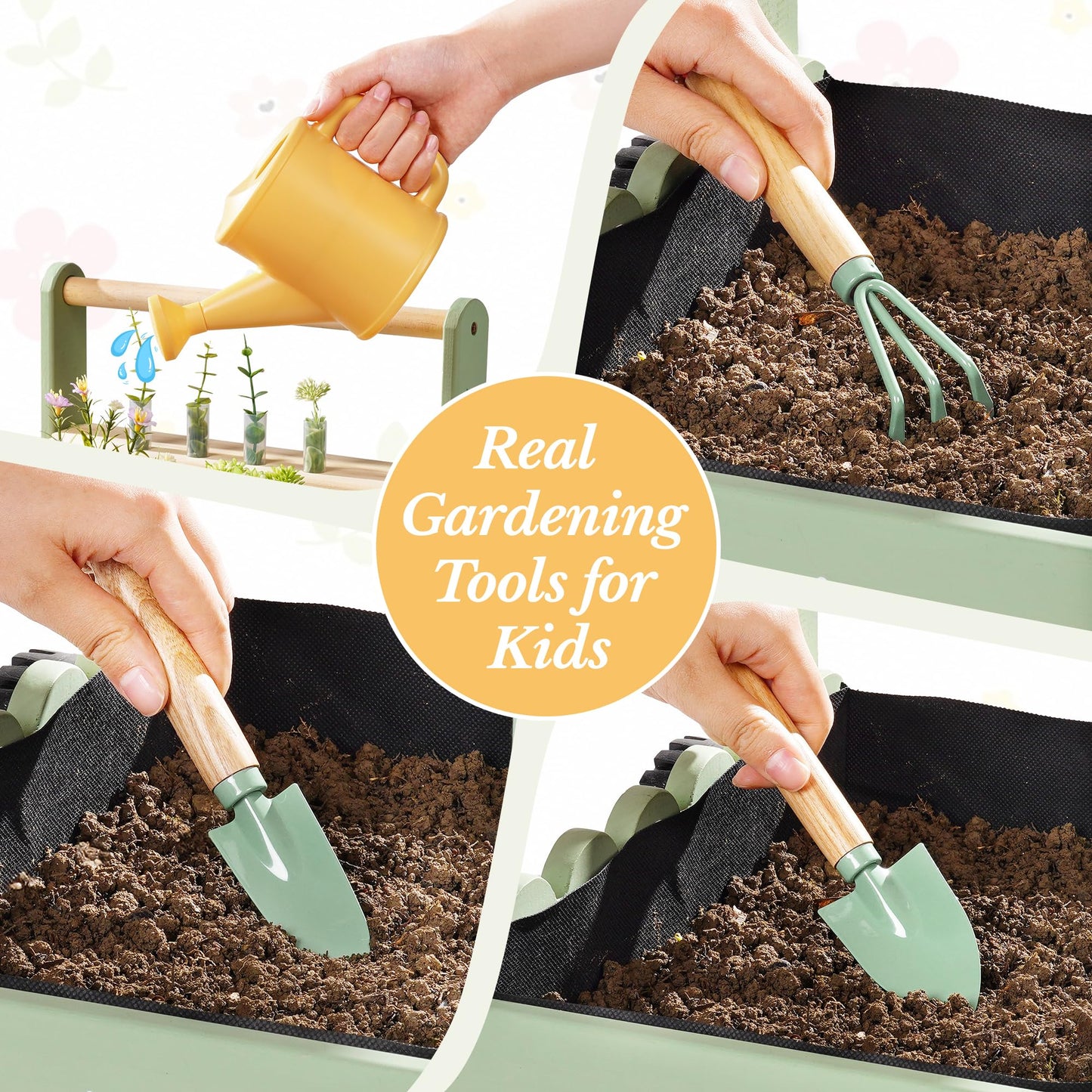 ROBOTIME Kids Gardening Tools with Cart Wheelbarrow - Wooden Outdoor Garden Toys Set with Watering Can, Shovel, Hand Rake & Plant Labels, Outdoor
