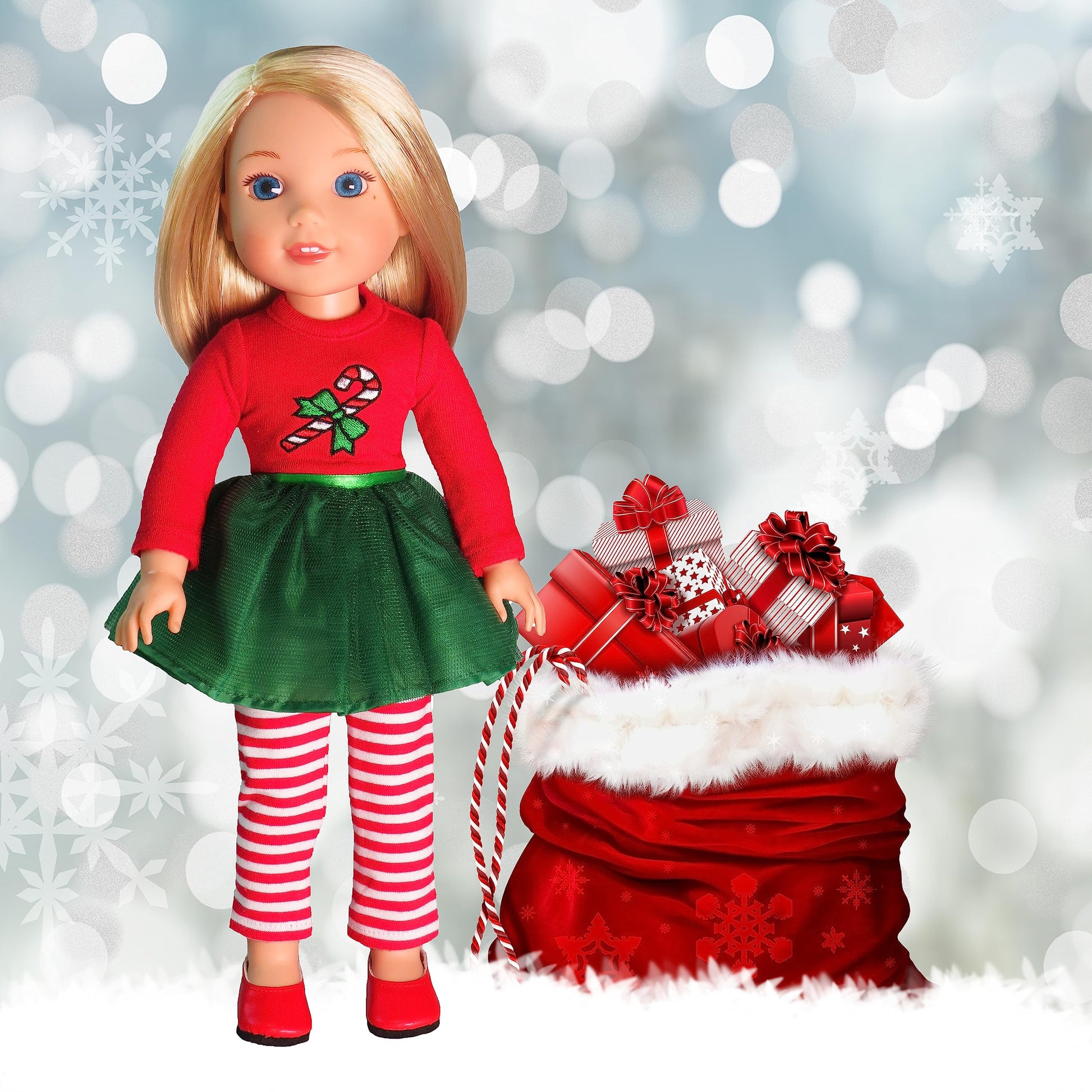 American Fashion World Candy Cane Tutu Dress Set for 14-Inch Dolls | Leggings Included |Premium Quality & Trendy Design | Dolls Clothes | Outfit