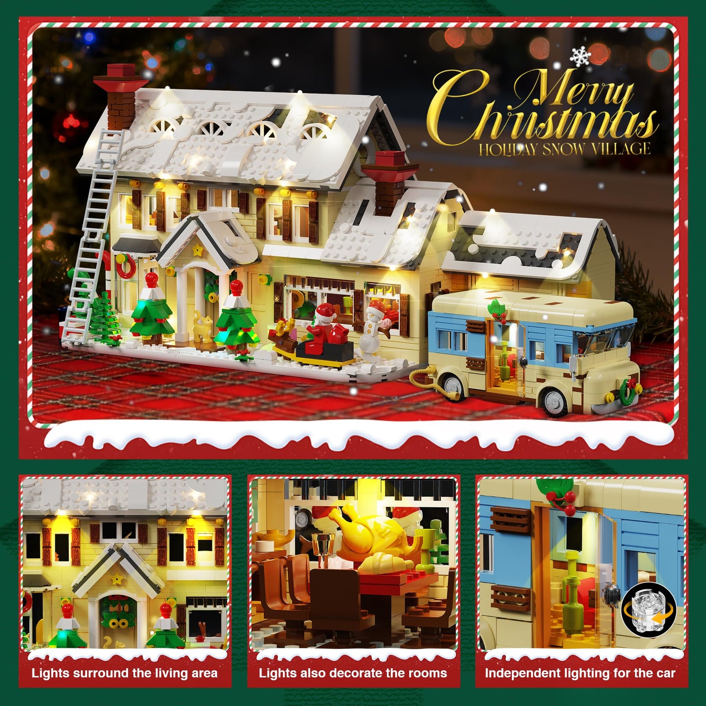 PleyWalden Christmas Village Building Blocks Set with LED Lights, 2098pcs Snow Cabin & Camper Holiday Scene Model Kit, Winter Vacation Building Toy