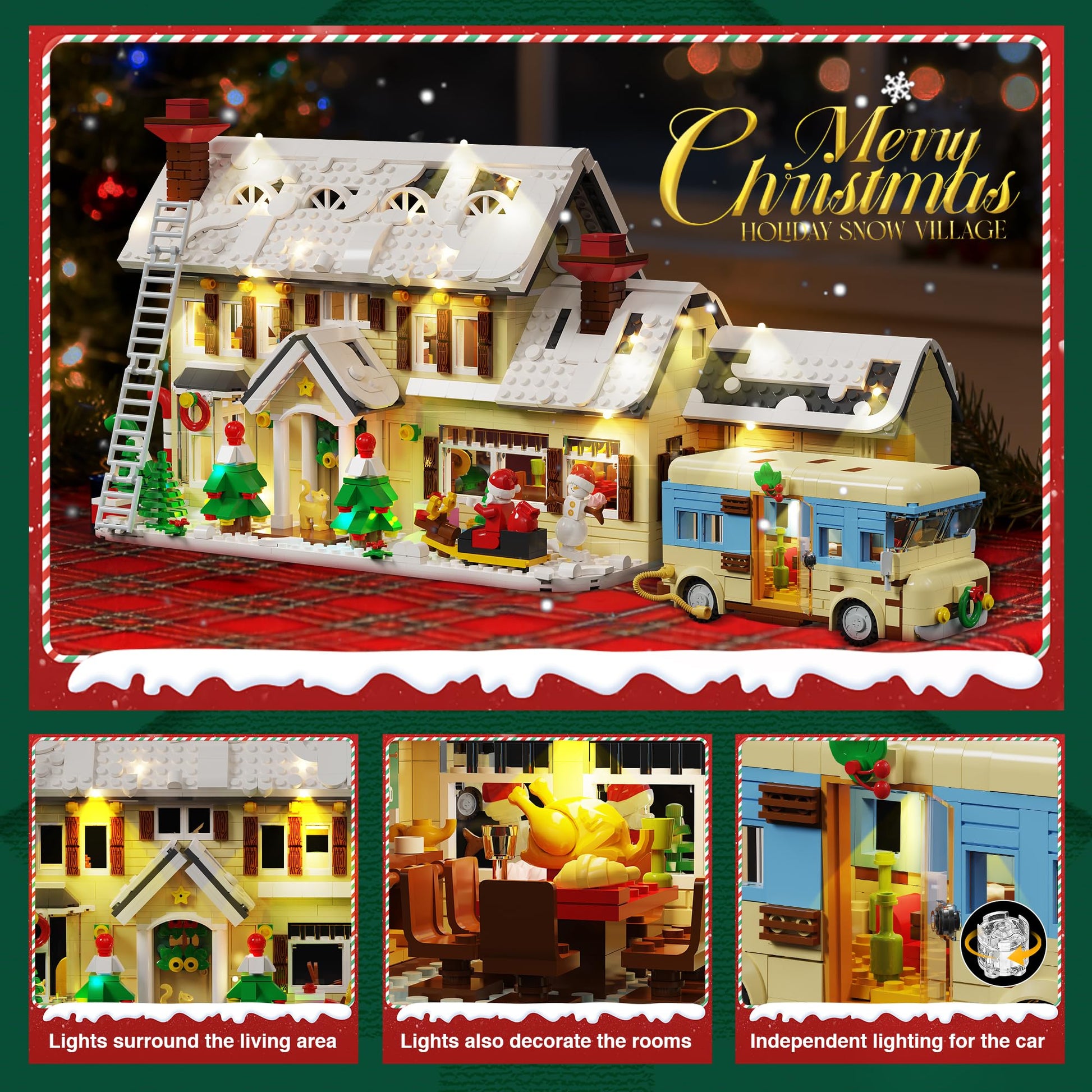 PleyWalden Christmas Village Building Blocks Set with LED Lights, 2098pcs Snow Cabin & Camper Holiday Scene Model Kit, Winter Vacation Building Toy