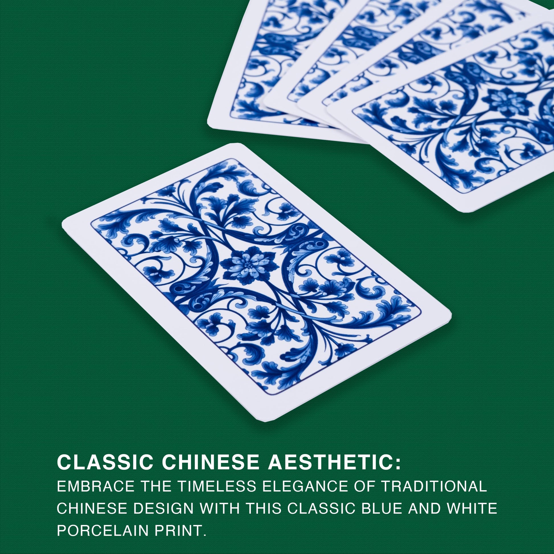 drizzle Poker Mahjong Playing Cards Table Game Chinese Blue and White Porcelain Design 144 Card Chips Set PVC Plastic Waterproof Portable Leisure Time