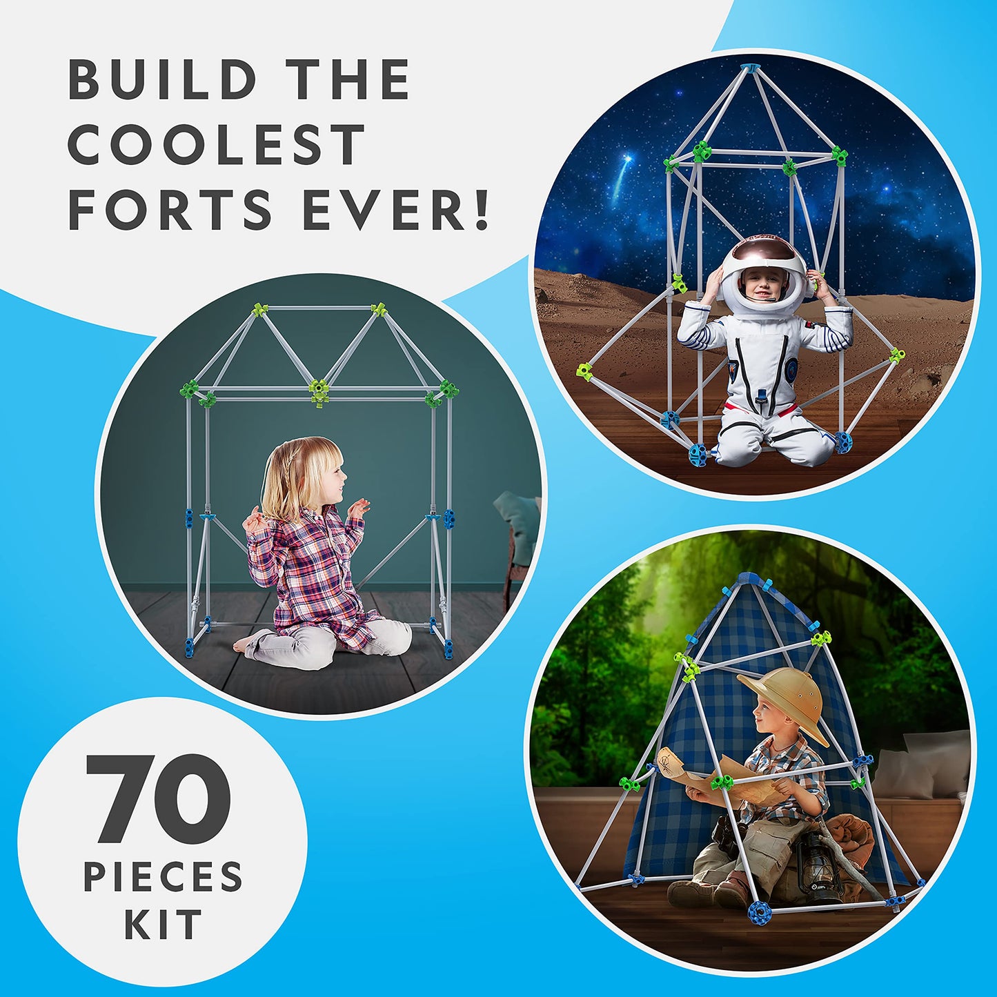 NATIONAL GEOGRAPHIC Kids Fort Building Kit - 70-Piece Indoor Fort Builder - Creative Play, STEM Building Toy, Building Kit for Kids 6-10, Blanket Fort