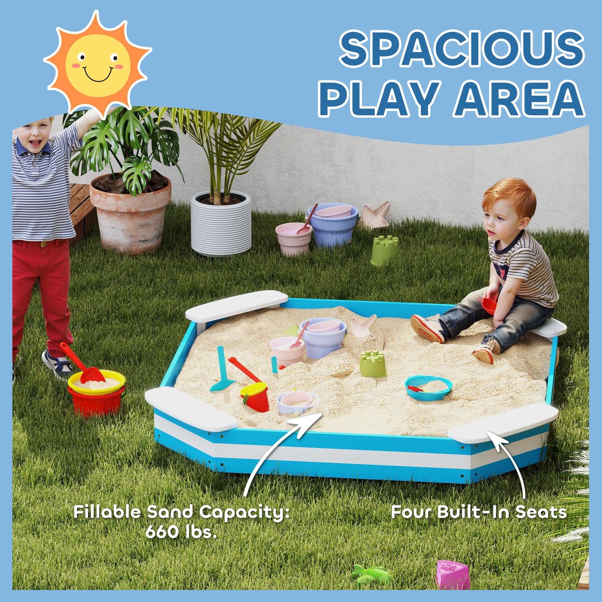 Qaba Kids Sandbox with 4 Corner Seats Bottom Liner 52" x 52" x 6" Blue