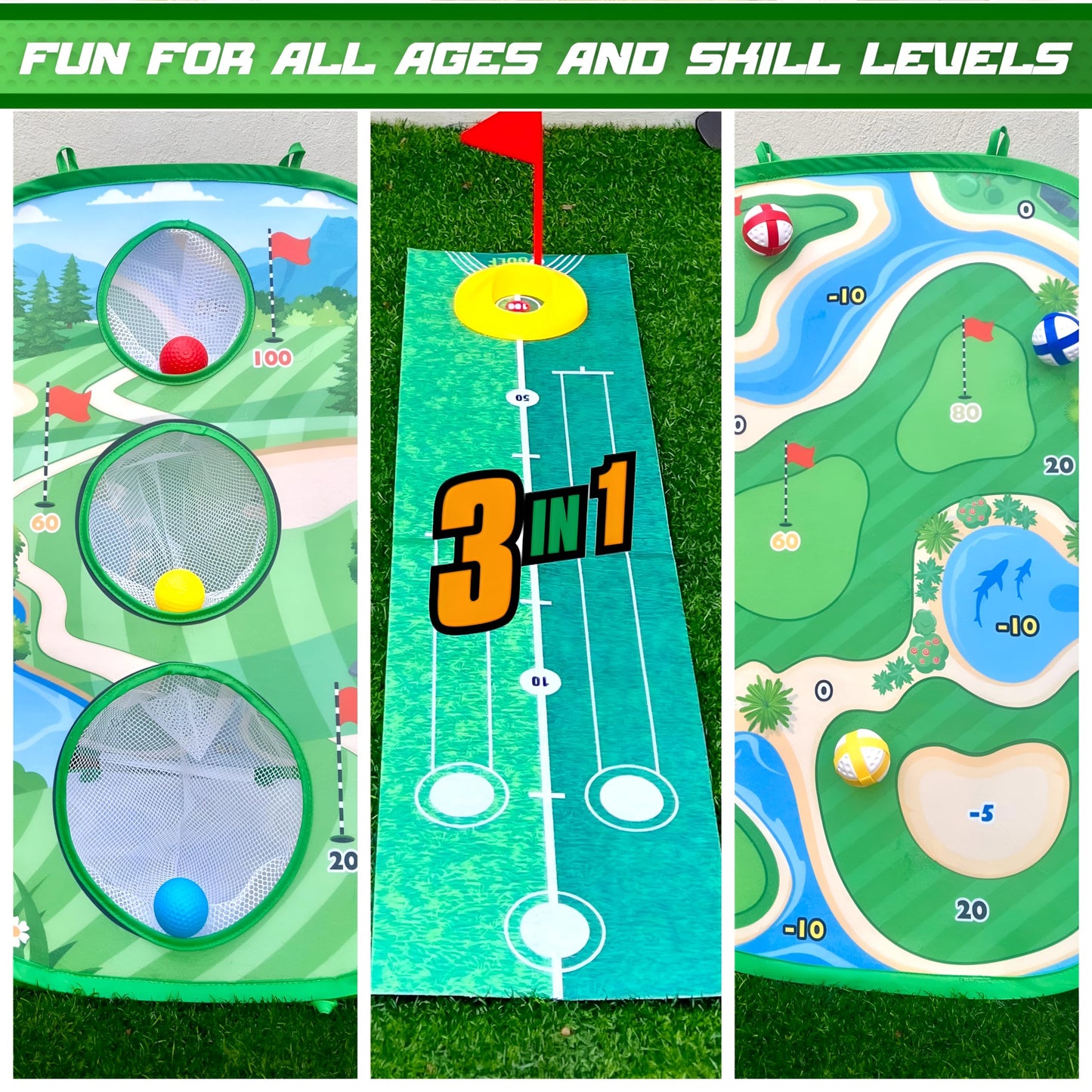 VMV ESSENTIALS Golf Games for Kids - Sticky Golf Game, Golf Cornhole Game and Golf Putting Game - Indoor and Outdoor Activities for Kids, Medium