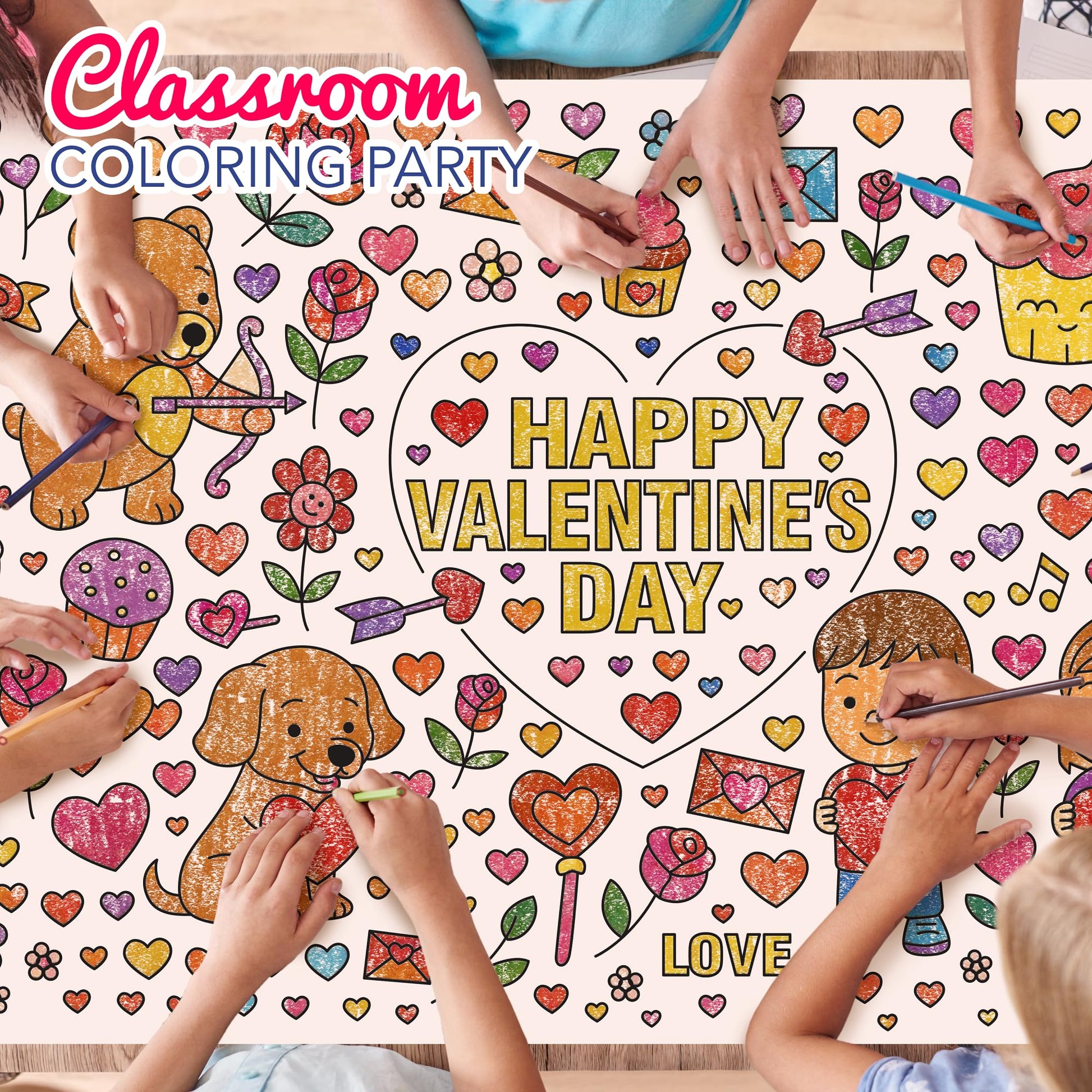 4E's Novelty 104 Pcs Giant Valentine Color Tablecloth Poster 30x72, with 103 Stickers, Huge DIY Valentines Day Coloring Table Coth Valentines Kids