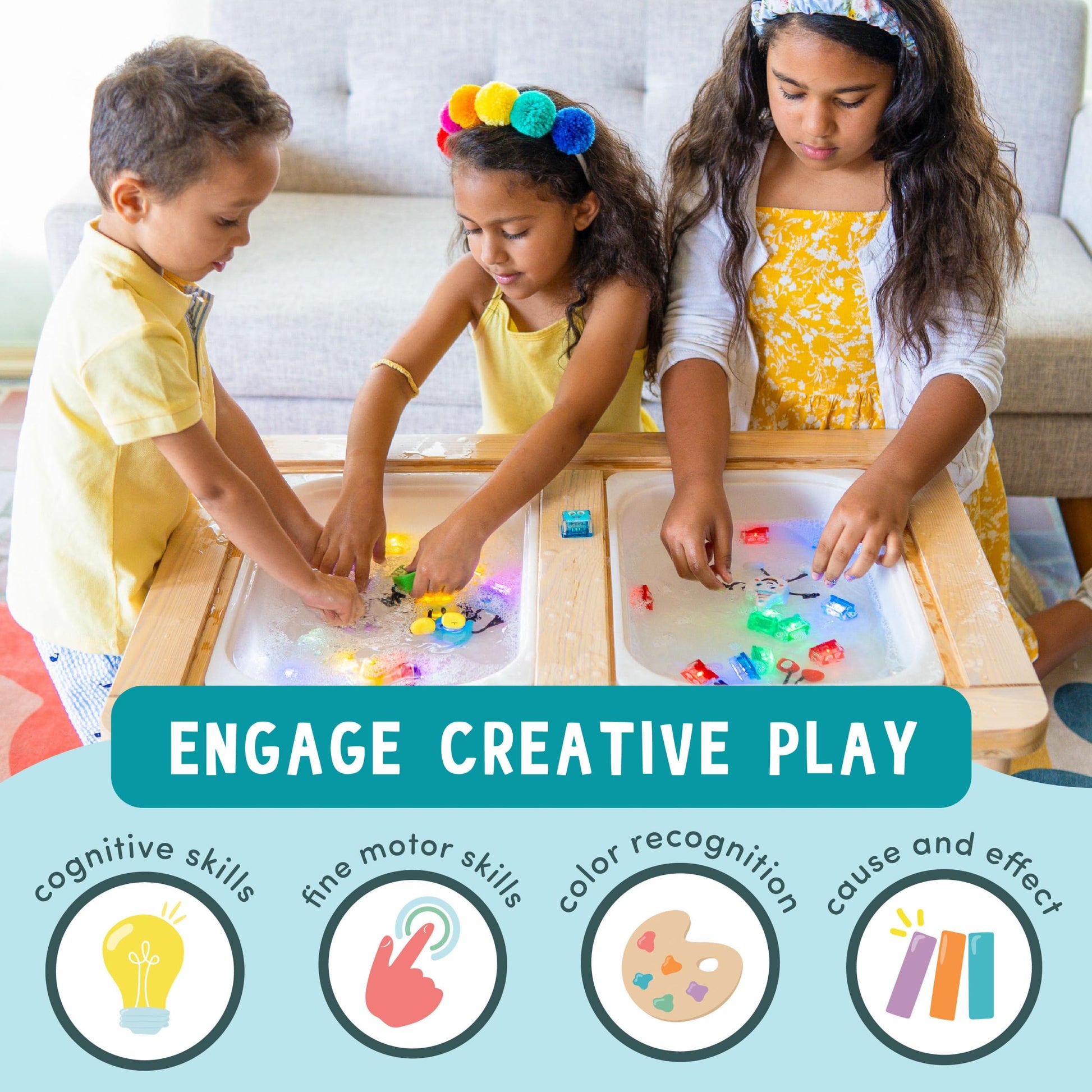 Glo Pals Water-Activated Light-Up Sensory Bath Toy Character and 6 Cubes for Bathtime and Sensory Play, Party Pal, Glows 9 Colors