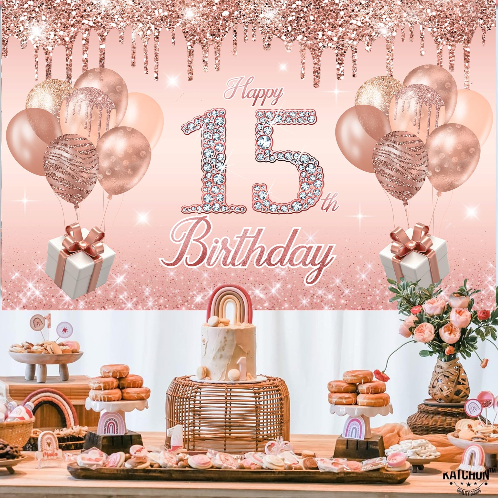 15th Birthday Decorations for Girls,Banner,Backdrop, it’s my 15th Birthday Sash, Sweet Rhinestone Tiara Crown,Balloons