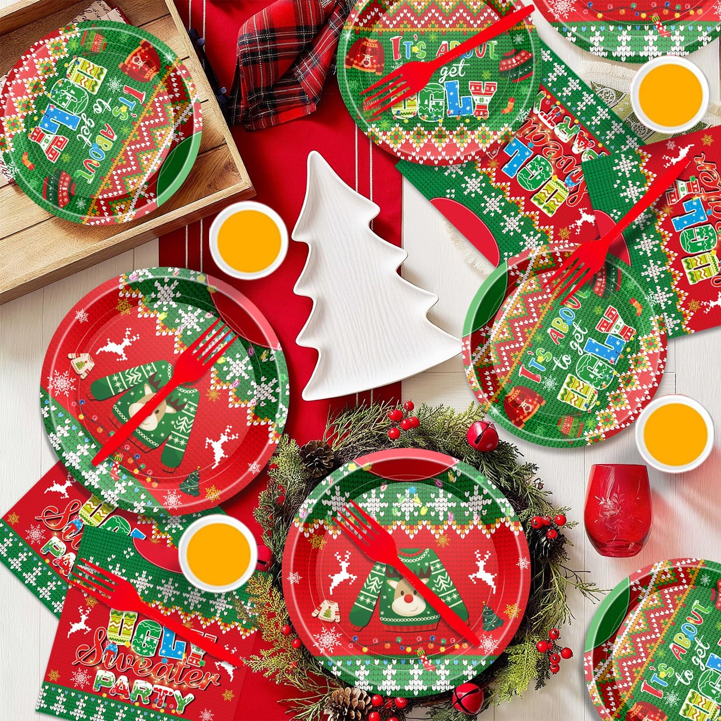 Christmas Plates and Napkins Set, Holiday Paper Plate and Napkin Sets, Ugly Sweater Paper Plates Napkins Cups Forks for Christmas Holiday Ugly Sweater