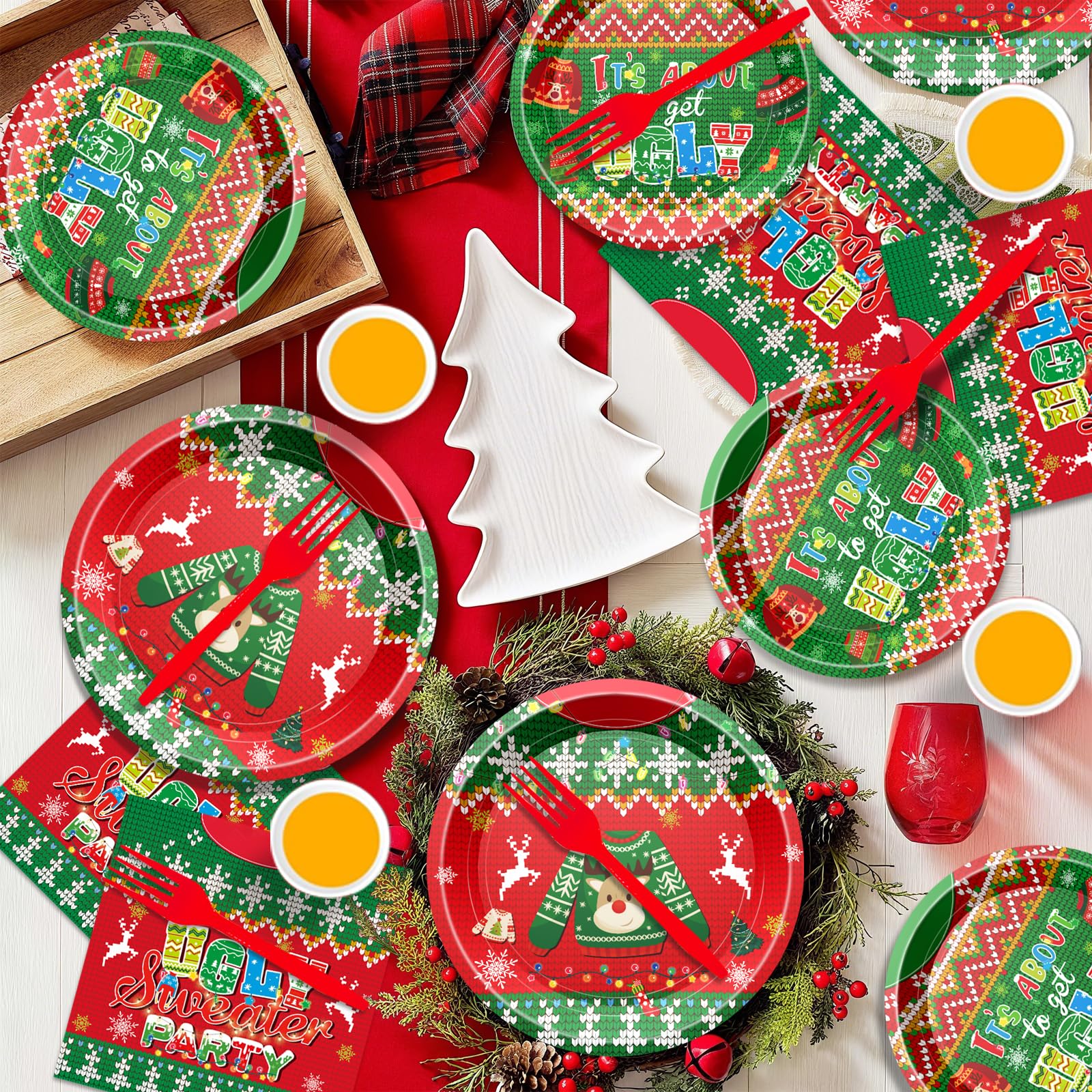 Christmas Plates and Napkins Set, Holiday Paper Plate and Napkin Sets, Ugly Sweater Paper Plates Napkins Cups Forks for Christmas Holiday Ugly Sweater