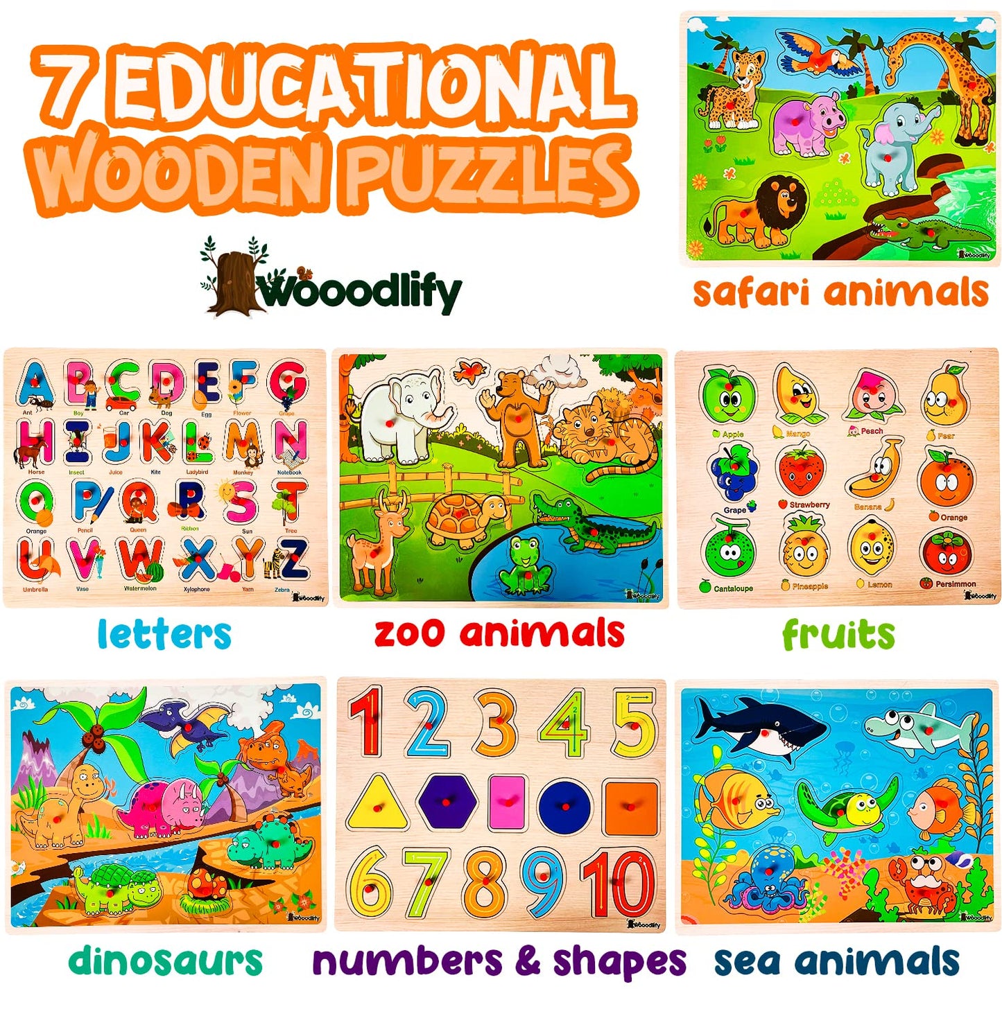 7 Pack Wooden Puzzles for Toddlers 2 3 4 5 Years Old - 7 Colorful Chunky Wood Peg Puzzles for Kids Ages 2-5, Alphabet Shape Numbers Fruits Sea Animals