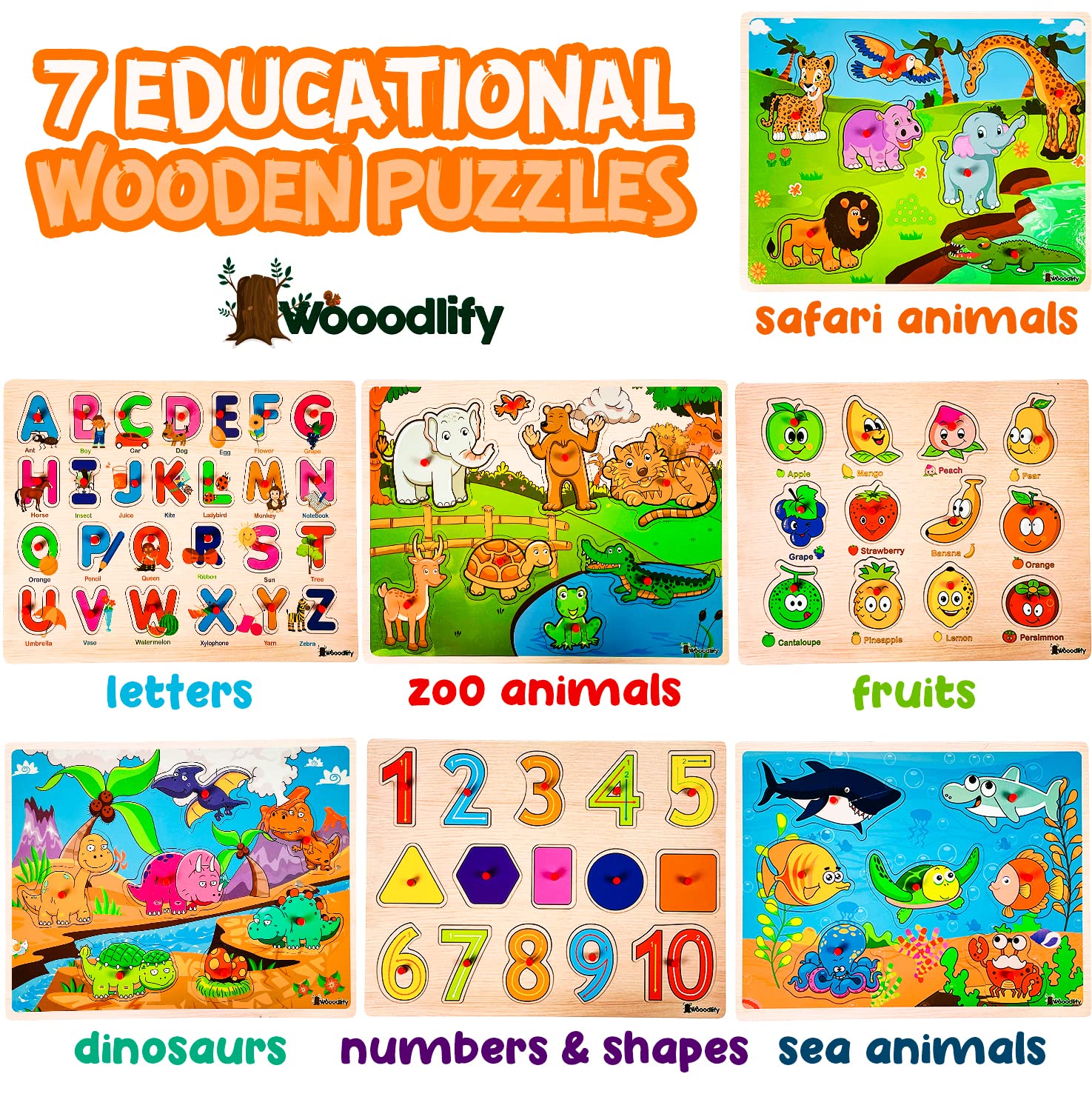 7 Pack Wooden Puzzles for Toddlers 2 3 4 5 Years Old - 7 Colorful Chunky Wood Peg Puzzles for Kids Ages 2-5, Alphabet Shape Numbers Fruits Sea Animals