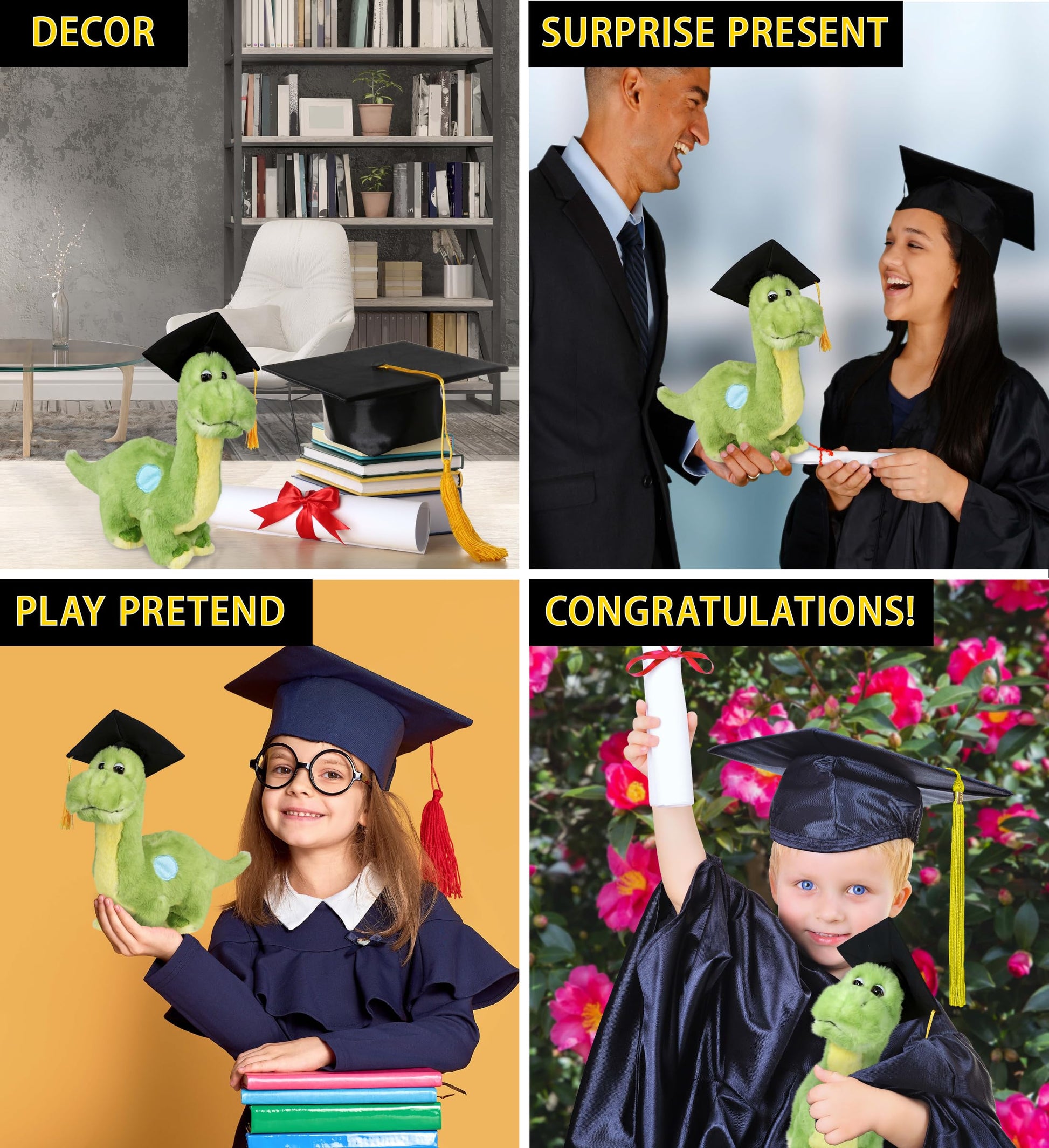 DolliBu Green Dinosaur Graduation Plush Toy - Super Soft Plush Graduation Stuffed Animal Dress Up with Gown & Cap with Tassel Outfit - Congratulatory