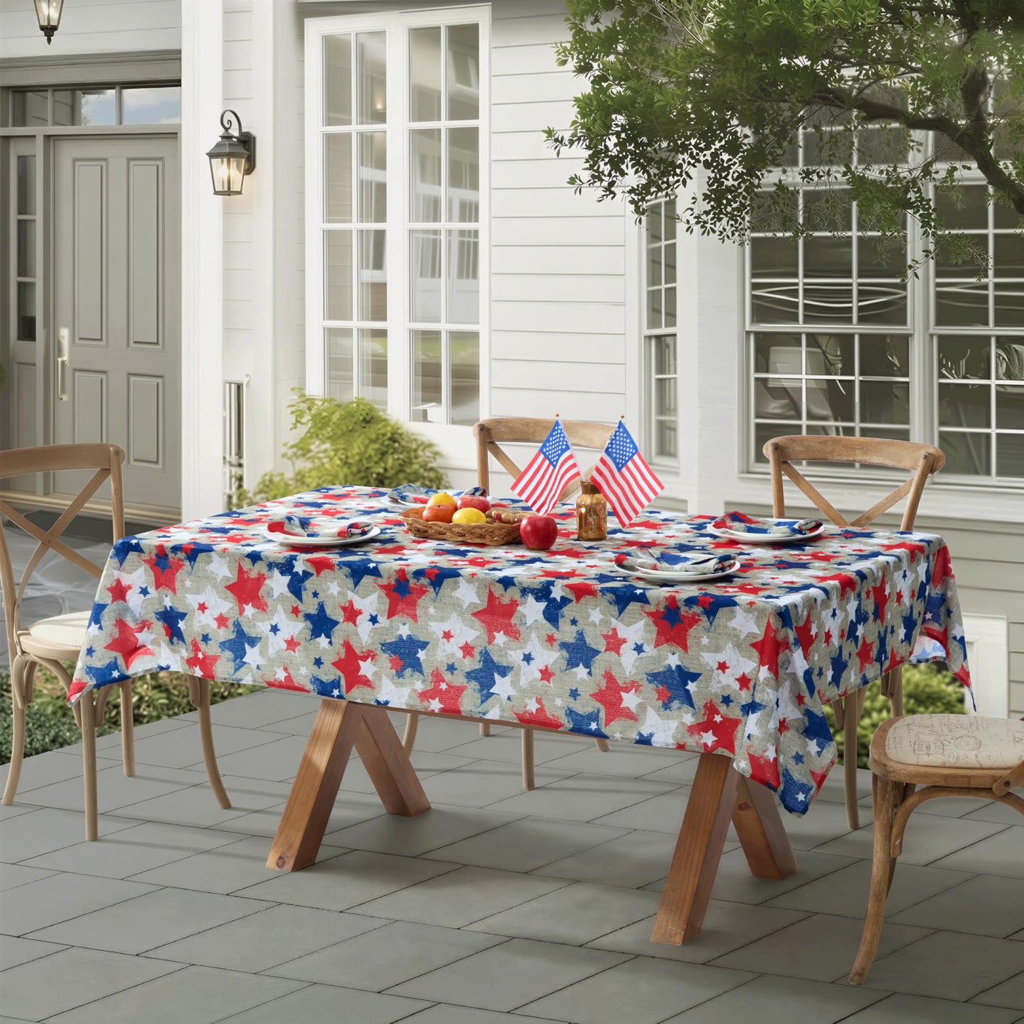 Newbridge Burlap Stars Patriotic 52 x 70 Inch Rectangle Fabric Tablecloth