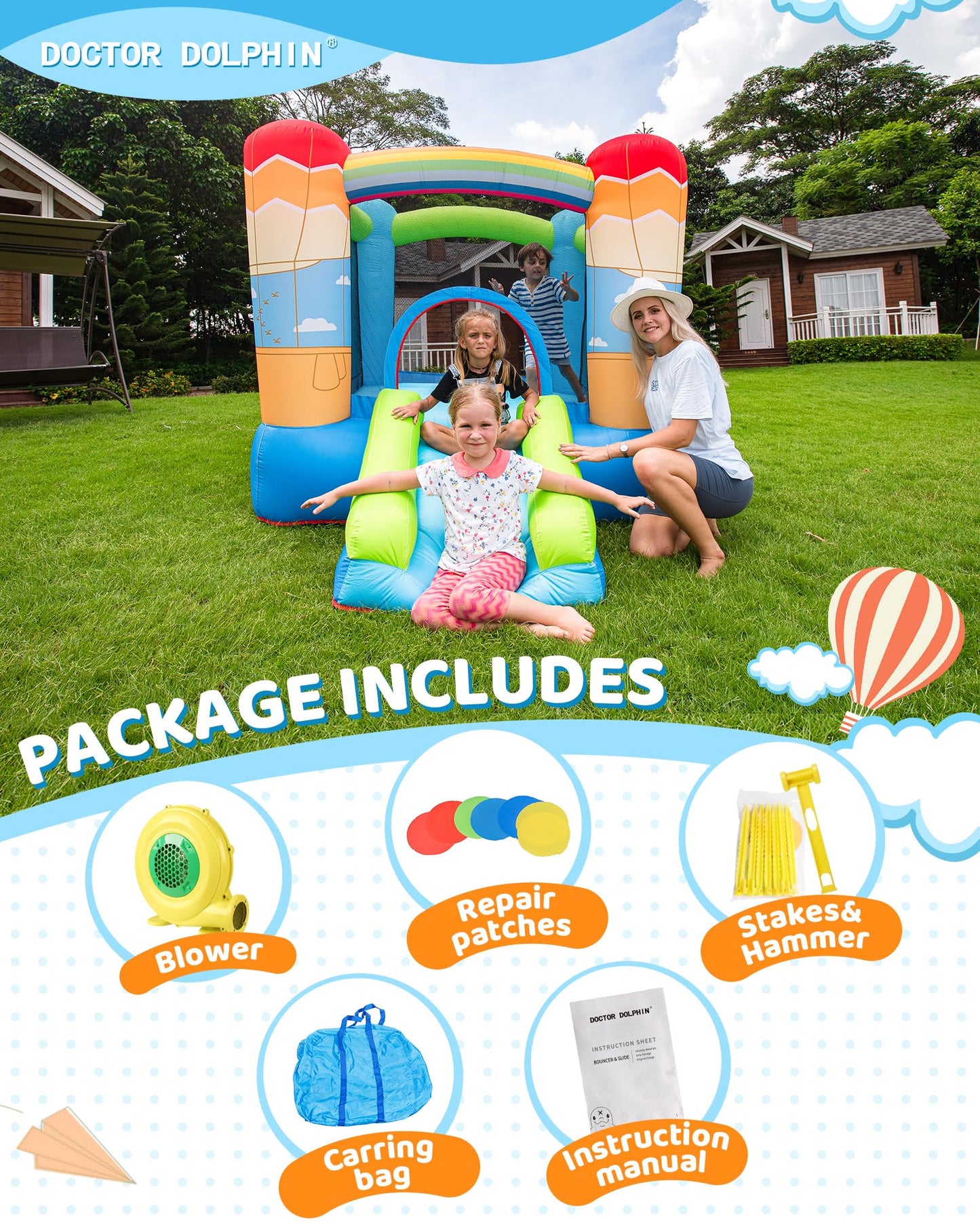 Doctor Dolphin Inflatable Bounce House for Kids, Bouncy House with Blower Indoor Outdoor, Inflatable Bouncer for Kids Party (Hot-air Balloon Theme)