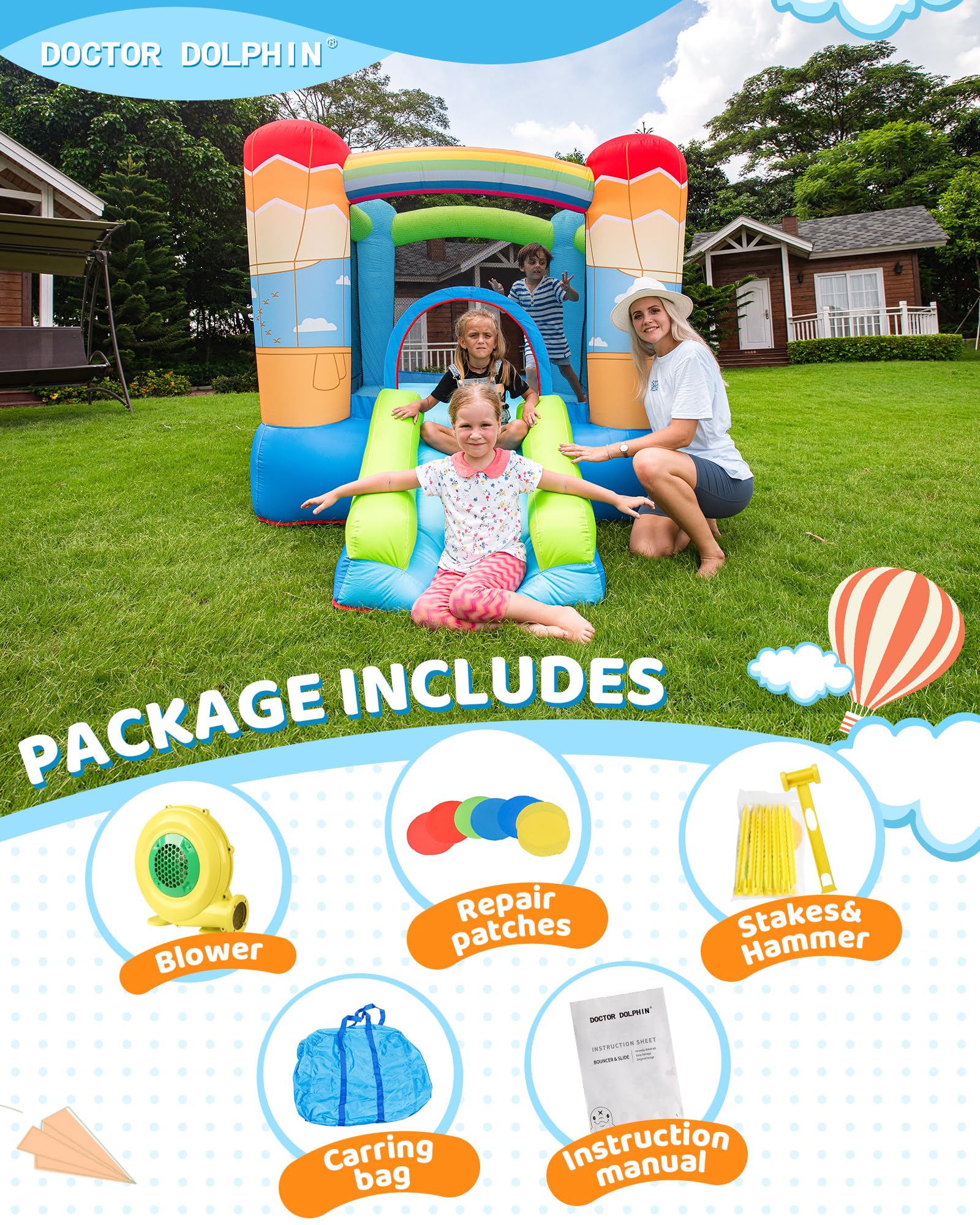 Doctor Dolphin Inflatable Bounce House for Kids, Bouncy House with Blower Indoor Outdoor, Inflatable Bouncer for Kids Party (Hot-air Balloon Theme)