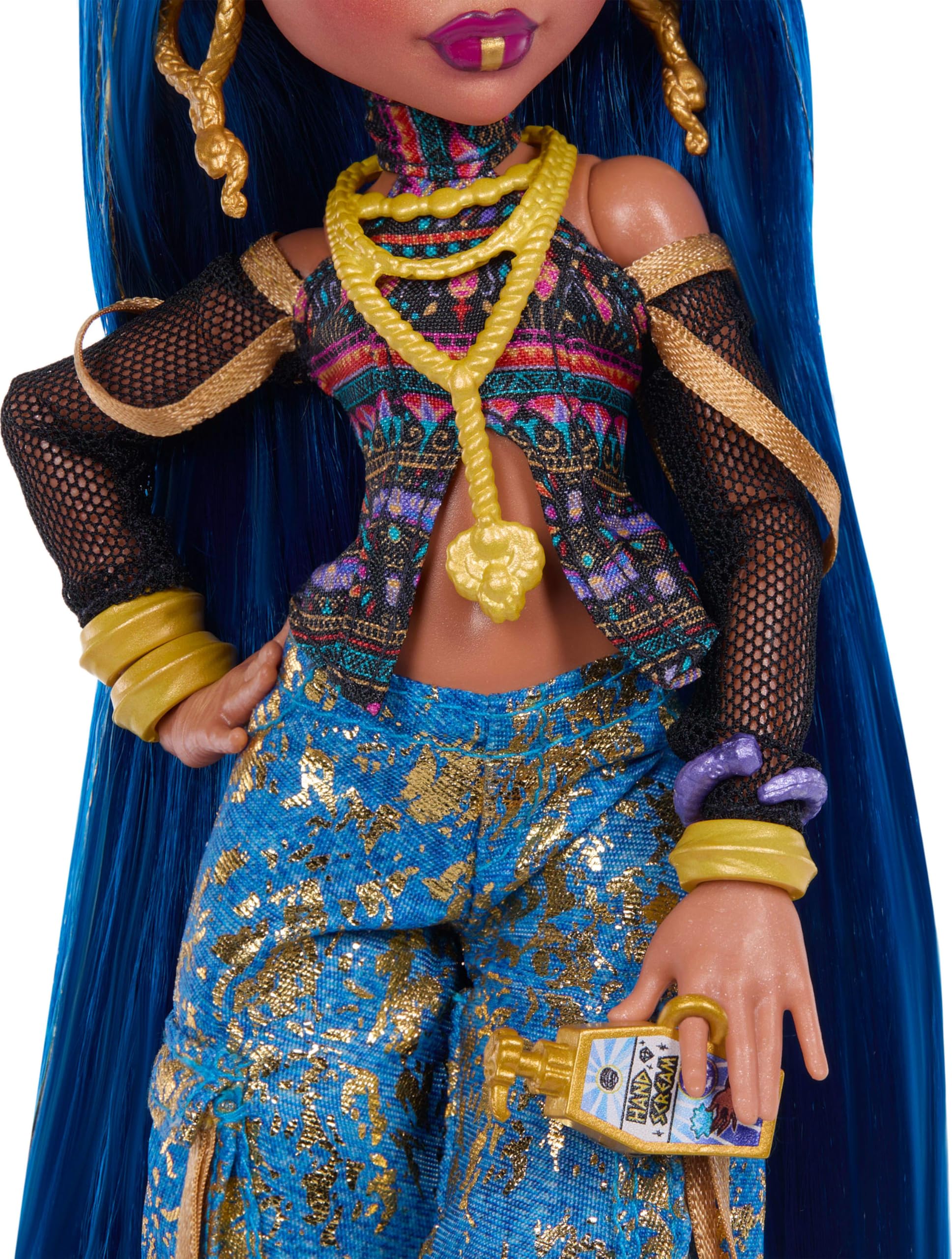 Monster High Doll, Cleo De Nile in Crop Top and Golden Denim Cargo Pants with Pet Snake Hissette and 7 Accessories Like Salad, Smoothie and Purse
