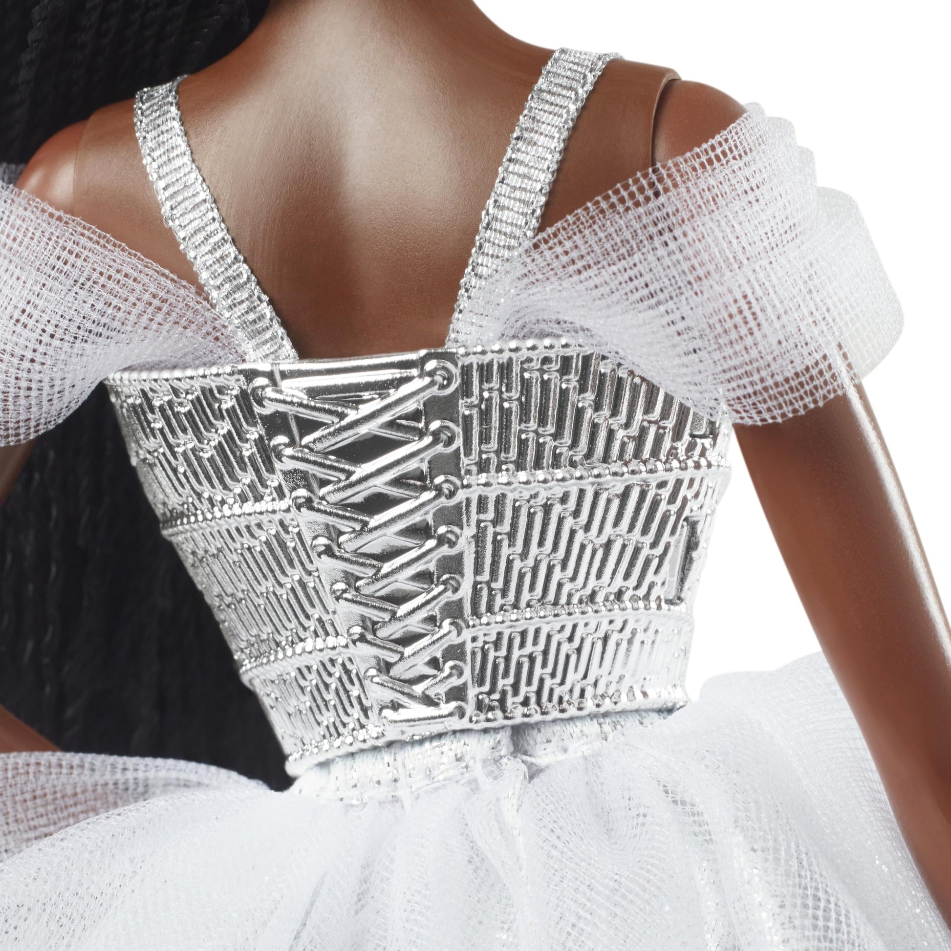Barbie Signature 2021 Holiday Doll (12-inch, Brunette Braided Hair) in Silver Gown, with Doll Stand and Certificate of Authenticity, Gift for 6 Year