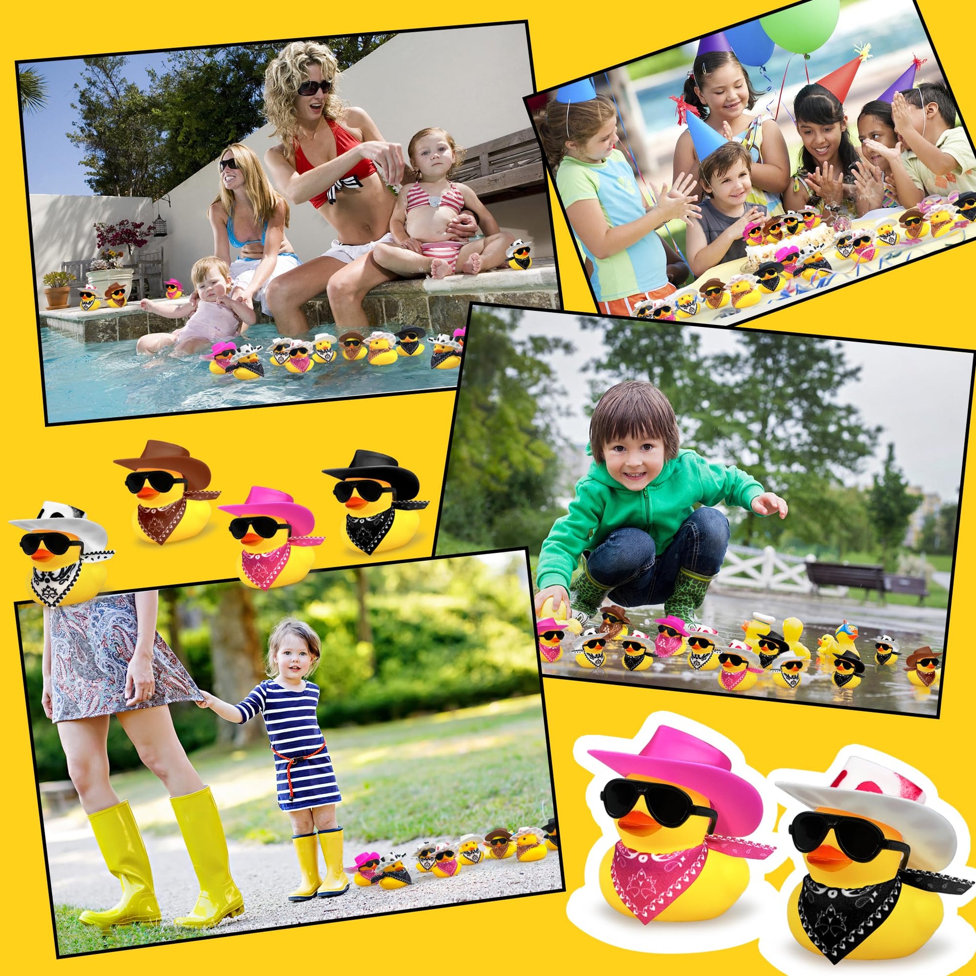 24 Sets Disco Cowboy Rubber Ducks with Scarf Hat and Sunglasses Mini Bath Duck Toys for Birthday Swimming Party Gift Favor Decorations