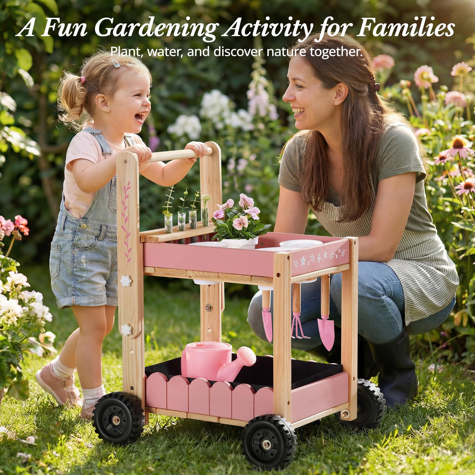 ROBOTIME Kids Gardening Tools with Cart Wheelbarrow - Wooden Outdoor Garden Toys Set with Watering Can, Shovel, Hand Rake & Plant Labels, Outdoor