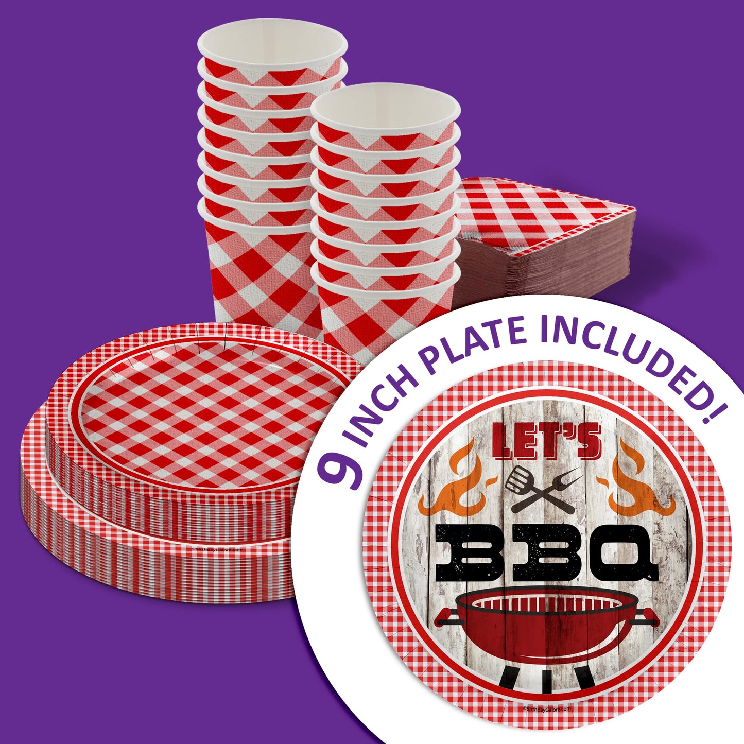 Let's BBQ Red Gingham Birthday Party Supplies - 64 Piece Summer Barbeque Picnic Tableware Set Includes Large 9" Dinner Plates and 8" Dessert Paper