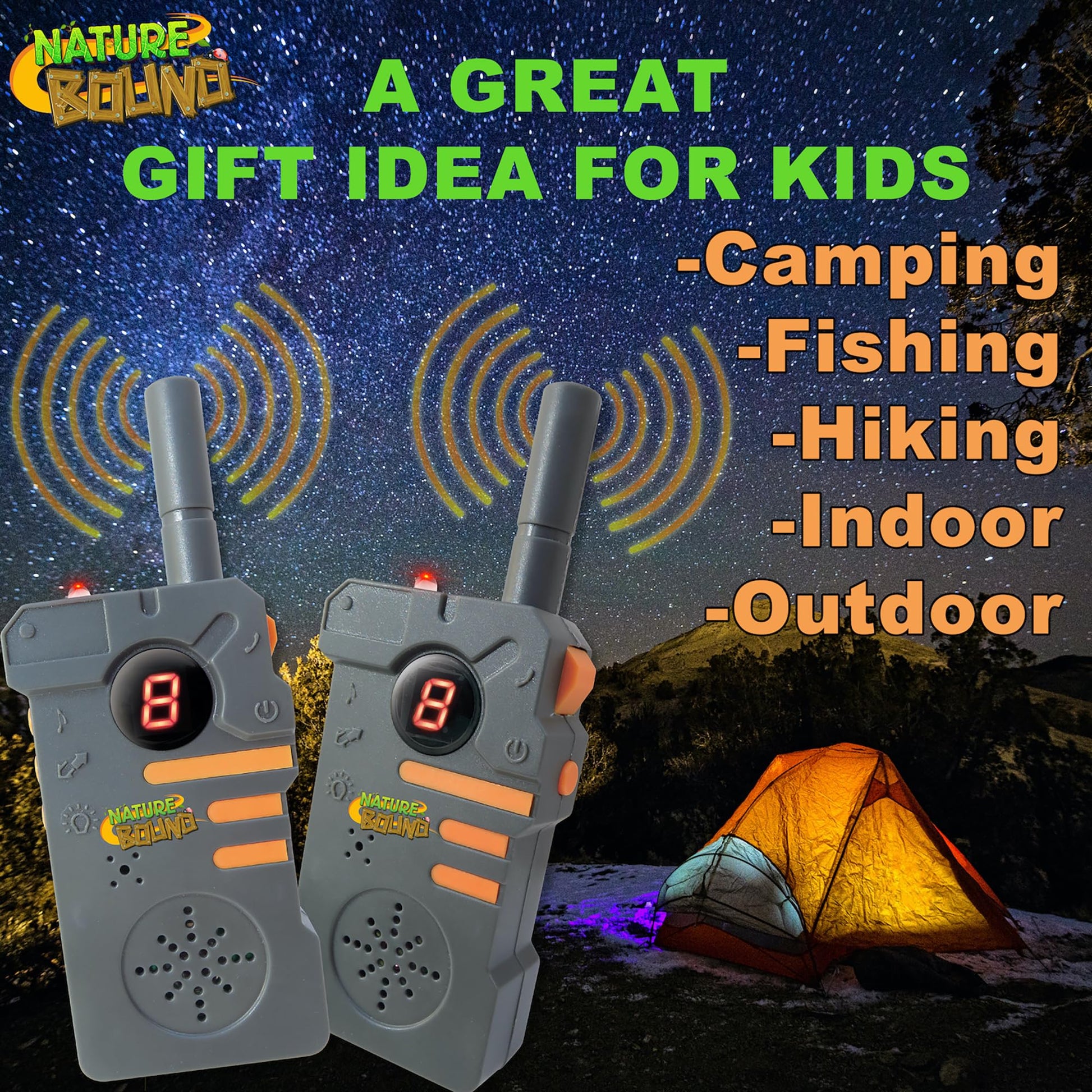 Nature Bound Walkie Talkies for Kids with Up to Two Mile Range and Built in Flashlight, 462 mhz, Set to Two, Belt Clips, for Boys and Girls Ages 5+