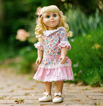 THE QUEEN'S TREASURES 18 Inch Doll Clothes, Little House on The Prairie Pink Floral Dress with Hair Bows, and Pantaloons, Compatible for Use